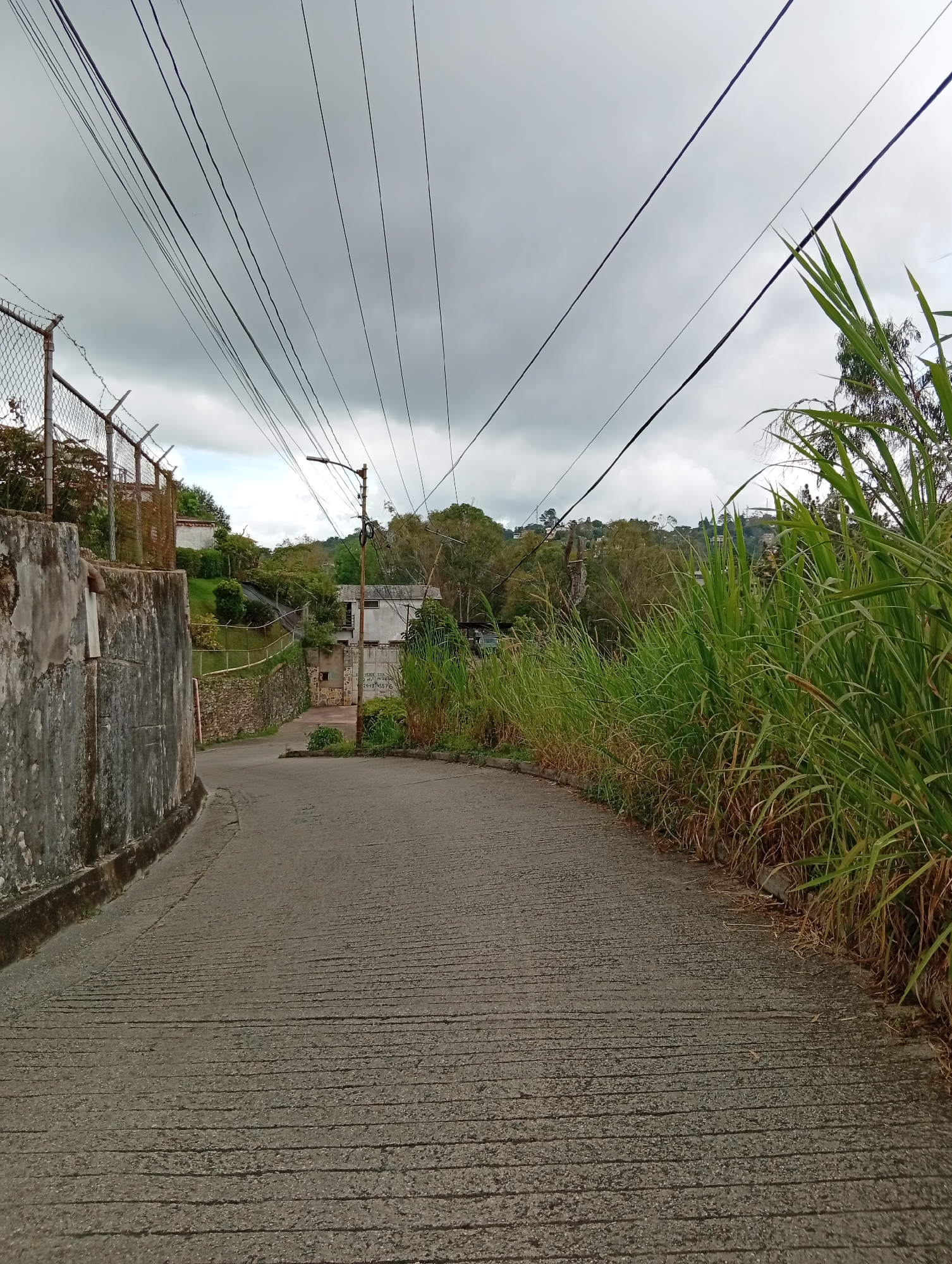 The image shows a paved road in San Antonio de Los Altos, Venezuela, on a cloudy day. The road is narrow and curves to the right. On the left side of the road, there is a concrete retaining wall, a chain-link fence with barbed wire, and some vegetation. On the right side of the road, there is tall grass and some trees. In the background, there are some buildings and more trees on a hillside. Electrical wires are visible overhead, strung across the sky. The road surface has visible horizontal grooves, likely for traction. A street lamp on a pole is visible in the middle ground.