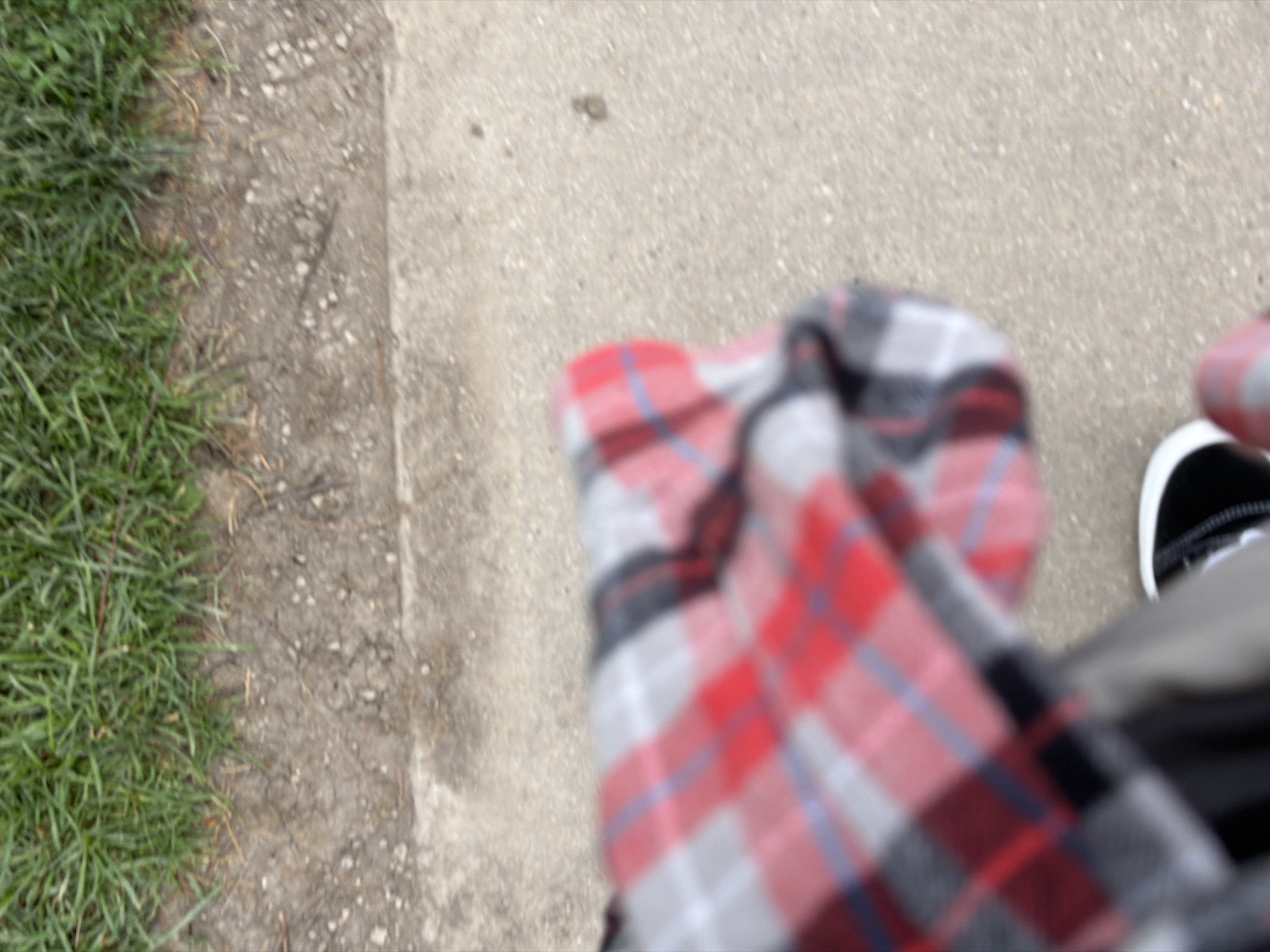 The image shows a close-up view of a person's legs and feet from a first-person perspective, walking on a concrete path next to a grassy area. The person is wearing a red, white, and black plaid blanket or scarf wrapped around their legs and a black and white sneaker. The scene is outdoors, with green grass at the top of the frame and a textured concrete ground below. The lighting suggests it is daytime, possibly overcast, as there are no strong shadows. The image is slightly out of focus, particularly the background elements. No specific landmarks or indications of Vienna, Austria, are visible.