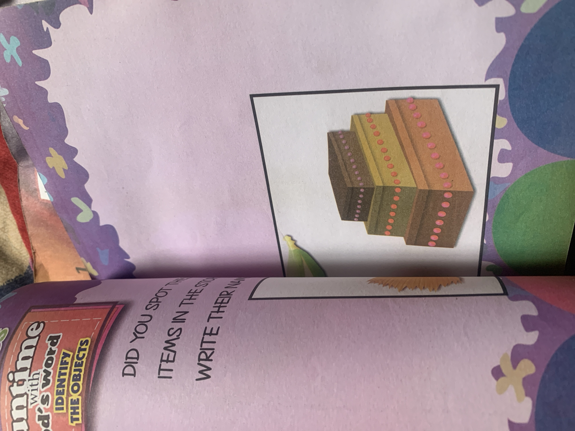The image shows a page from a children's activity book. The left side of the page has text that reads "Runtime with God's word IDENTIFY THE OBJECTS" and "DID YOU SPOT THE ITEMS IN THE STO WRITE THEIR NA". The right side of the page contains an illustration of a stack of four gift boxes, each decorated with a string of pink or orange dots. The background of the activity book page is pink, with a decorative purple border along the top. The image does not contain any information about Jauro Yinu, Nigeria.