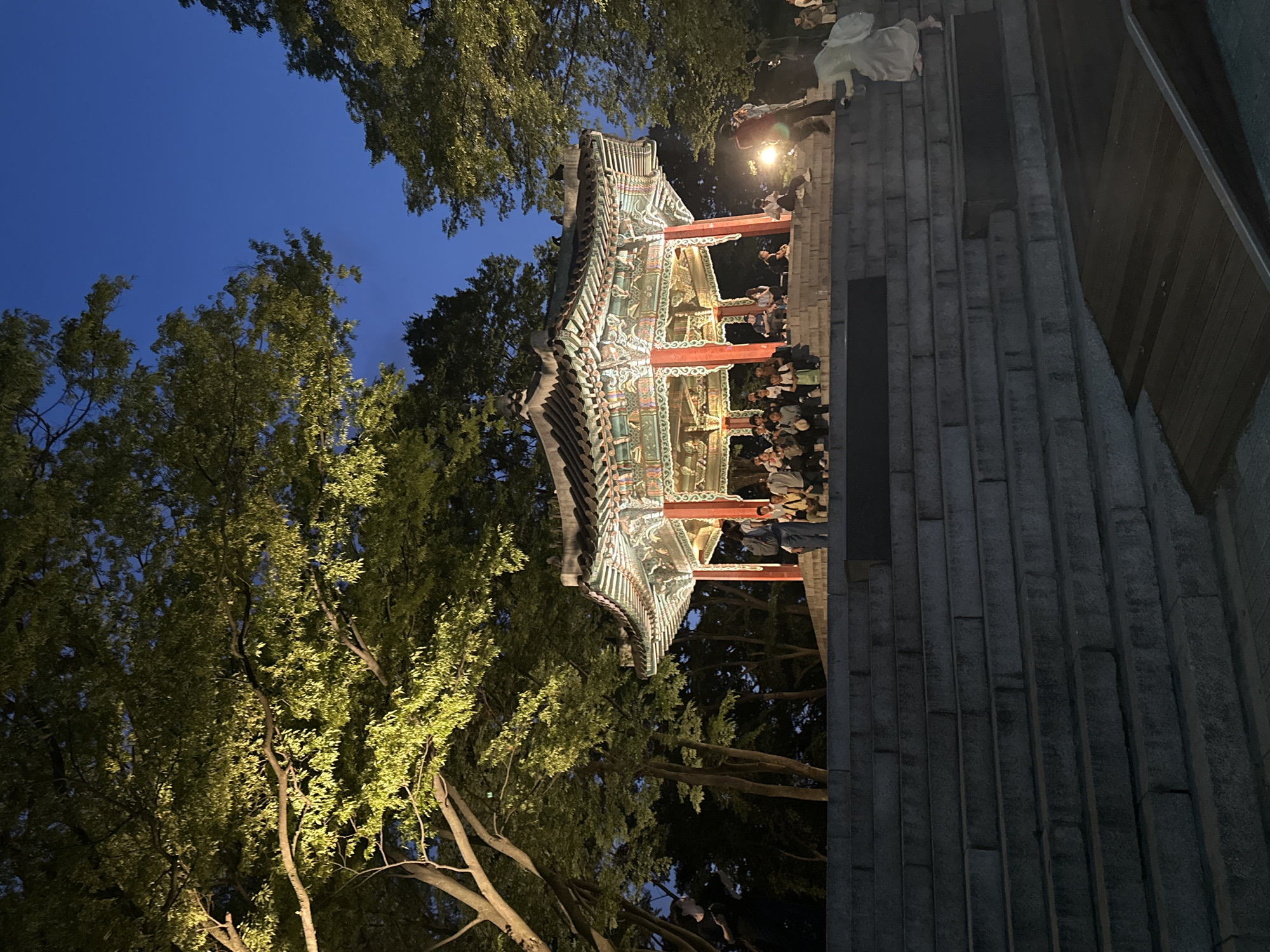This image depicts a scene at dusk in Seoul, South Korea, likely within a park or historical site. A traditional Korean pavilion, illuminated from within, is the central focus. The pavilion features intricate painted details on its eaves and columns. It is situated atop a raised platform, accessible by a wide stone staircase.
A group of people are gathered on and around the platform, some sitting on the stairs, others standing. One individual, dressed in a light-colored garment, is ascending the stone steps in the foreground on the right side of the image. The surrounding environment is characterized by mature trees with illuminated foliage, casting a warm glow, and a deep blue twilight sky. The overall impression is one of a serene evening gathering.