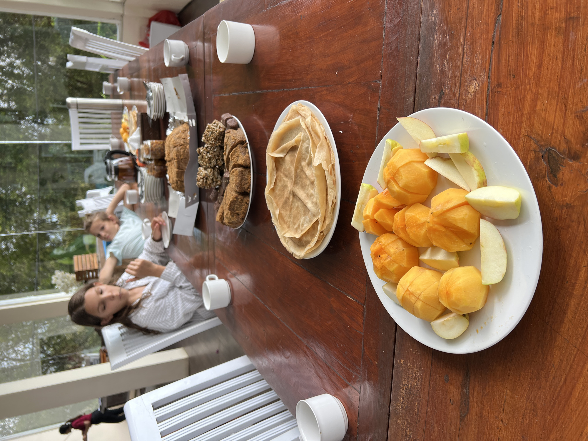 The image depicts a long wooden table laden with various food items and drinks, set in what appears to be a dining area with large windows offering a view of greenery. The setting suggests a breakfast or brunch meal.
In the foreground, a white plate holds an assortment of cut fruits, predominantly persimmons and apple slices. The persimmons are peeled and quartered, showcasing their vibrant orange flesh, while the apple slices are thinly cut and arranged around them.
Moving further down the table, a stack of crepes or thin pancakes is presented on another white plate. Behind the crepes, a plate contains an assortment of baked goods, including what looks like sliced cake and several chocolate squares. Further back, there are jars filled with a granular, brown substance, possibly jam or a spread.
To the right of the crepes, a white ceramic mug sits on the table. Further up the table, a large silver thermal carafe is visible, along with additional white mugs and stacks of small white plates. A jug with a dark liquid, possibly coffee or tea, is also on the table.
Two young girls are seated at the table. One girl in the middle distance, wearing a striped pajama top, is looking down and appears to be holding a utensil. Another child, partially visible in the background, is also seated at the table. In the far left background, a person wearing a dark shirt and pants is seen standing.
The environment outside the windows shows lush green foliage, indicative of a tropical or subtropical location. The architecture includes white chairs and large glass windows, suggesting a modern or semi-modern dwelling. The overall ambiance is relaxed and informal, likely a domestic setting. The presence of diverse food items suggests a communal meal or a buffet-style setup.
The specific location in Busungbiu, Indonesia, is not explicitly identifiable from the visual cues alone. However, the lush greenery visible through the windows could be consistent with the landscape of Bali, where Busungbiu is located, known for its agricultural areas and natural beauty. The architectural style and the presence of tropical fruits could also align with a dwelling in this region.