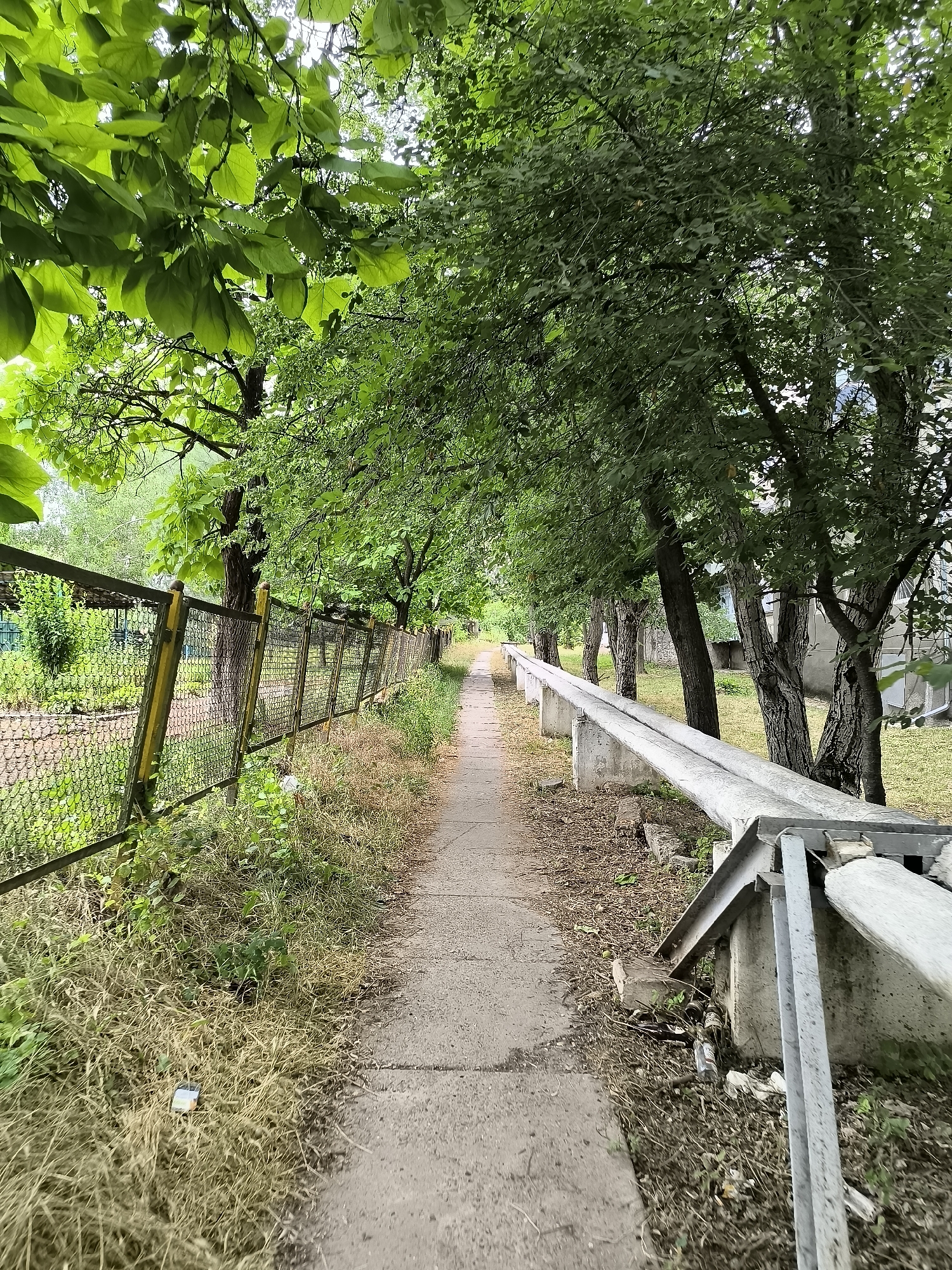 The image shows a paved pathway in Rybnitsa, Moldova, bordered by a chain-link fence on the left and a concrete structure with pipes on the right. The pathway is lined with trees that cast shadows on the ground. The fence has yellow-painted posts and is partially overgrown with grass and weeds. The concrete structure appears to be elevated and supports two large pipes, with additional smaller pipes and debris visible at its base. The trees have lush green foliage, suggesting a warm season. The pathway recedes into the distance, creating a sense of depth. The overall scene depicts a public walkway with elements of urban infrastructure and vegetation.