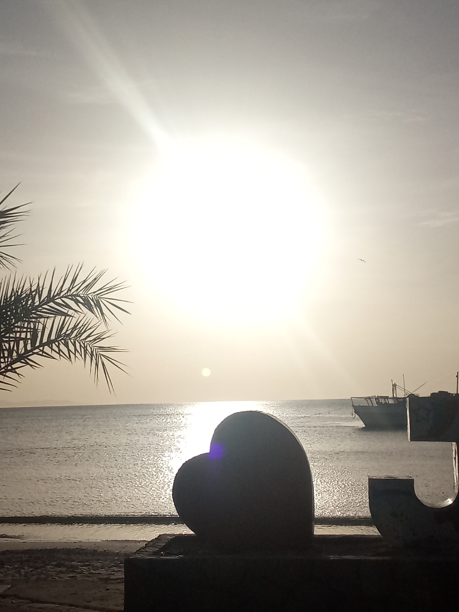 Here is a description of the image:
The image captures a seaside view in Juan Griego, Venezuela at what appears to be sunrise or sunset. The sun is a bright focal point in the sky, casting a strong glare and reflecting in the water. In the foreground, there is a heart-shaped sculpture, partially obscuring the view of the ocean. To the left, palm tree fronds are visible. In the middle ground, boats are anchored in the water. A bird is flying high in the sky. The overall scene conveys a tranquil and scenic moment by the sea.