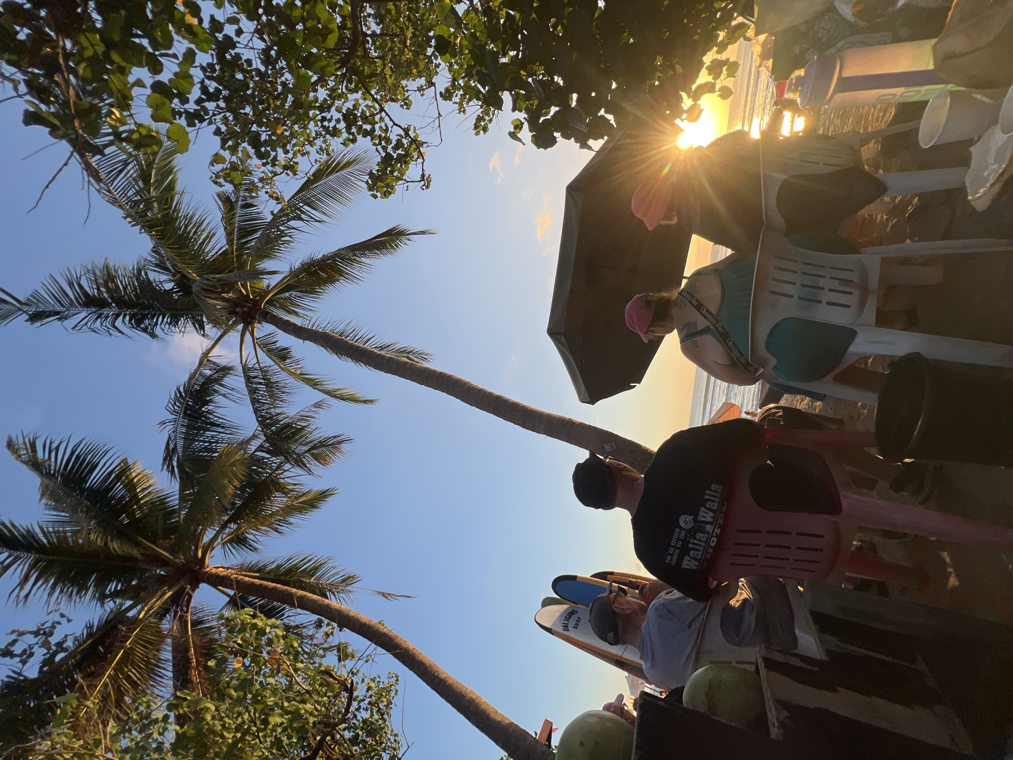 At sunset on a beach in Kuta, Indonesia, two palm trees frame a view of the ocean. In the foreground, a group of people are seated on chairs facing the sea. The people include at least two men and two women. One man wears a black t-shirt with text that reads "YOU'RE EITHER COMING TO THE WALLA WALLA HOTEL". Three surfboards stand upright in the sand behind some of the seated individuals. The sun is setting, casting a warm glow on the scene. The environment is sandy, with some vegetation visible.