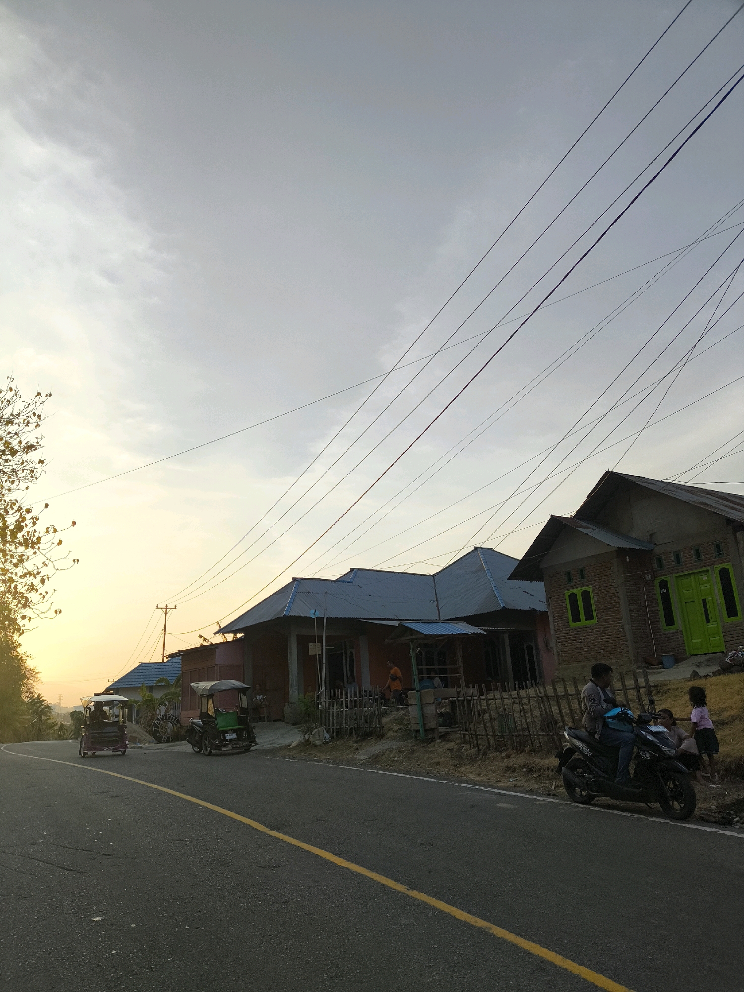 The image captures a rural road scene in Indonesia at dusk. The sky is a soft gradient of yellow and grey, indicative of sunset or sunrise. Overhead, numerous power lines stretch across the frame, creating a dense network against the sky.
Along the right side of the road, two houses are visible. The house in the foreground is constructed of brick with vibrant green doors and windows. The house to its left has a darker facade and a blue-tiled roof. A wooden fence separates the houses from the road.
On the road, a man is seated on a black motorcycle, facing towards the left. A young child stands beside the motorcycle, and another child is partially visible behind the motorcycle, looking towards the man. Further down the road, two three-wheeled vehicles, resembling auto-rickshaws, are also present, one in motion and the other stationary.
To the left of the road, a tree with sparse foliage is illuminated by the warm light of the setting sun. The road itself is asphalt with a prominent yellow line marking the center. The environment appears to be a quiet, residential area in a rural Indonesian setting.