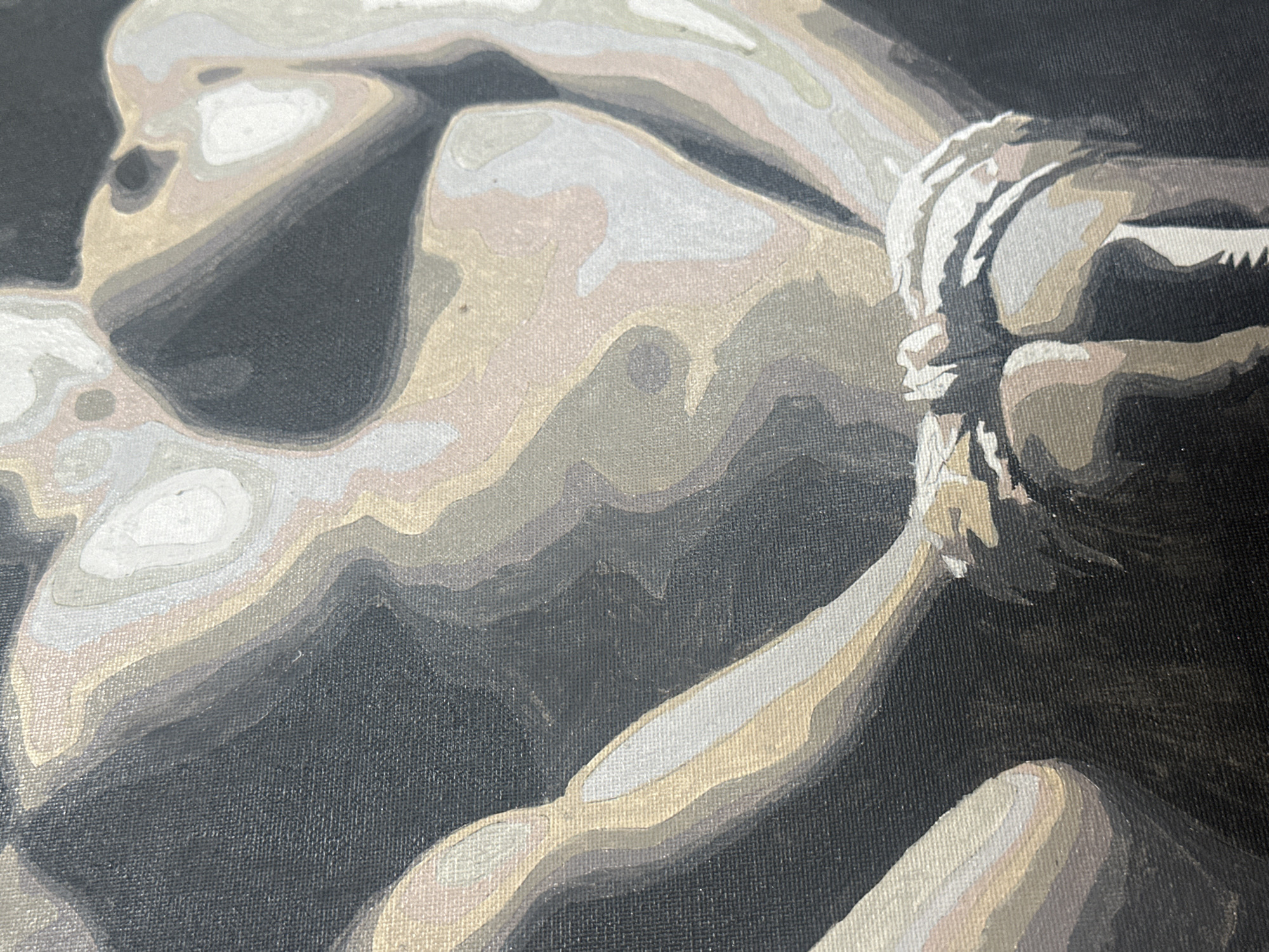 A close-up of a grayscale painting on canvas depicting a human figure. The figure appears to be bound, possibly in a reclining position. The painting uses distinct layers of gray, white, and light brown to define the forms, with a black background. The artwork is close-up, showing only a portion of the figure, with rope at the right side of the scene.
The information regarding the location in the city of Vysoky, Russia, is not depicted in the image provided.
