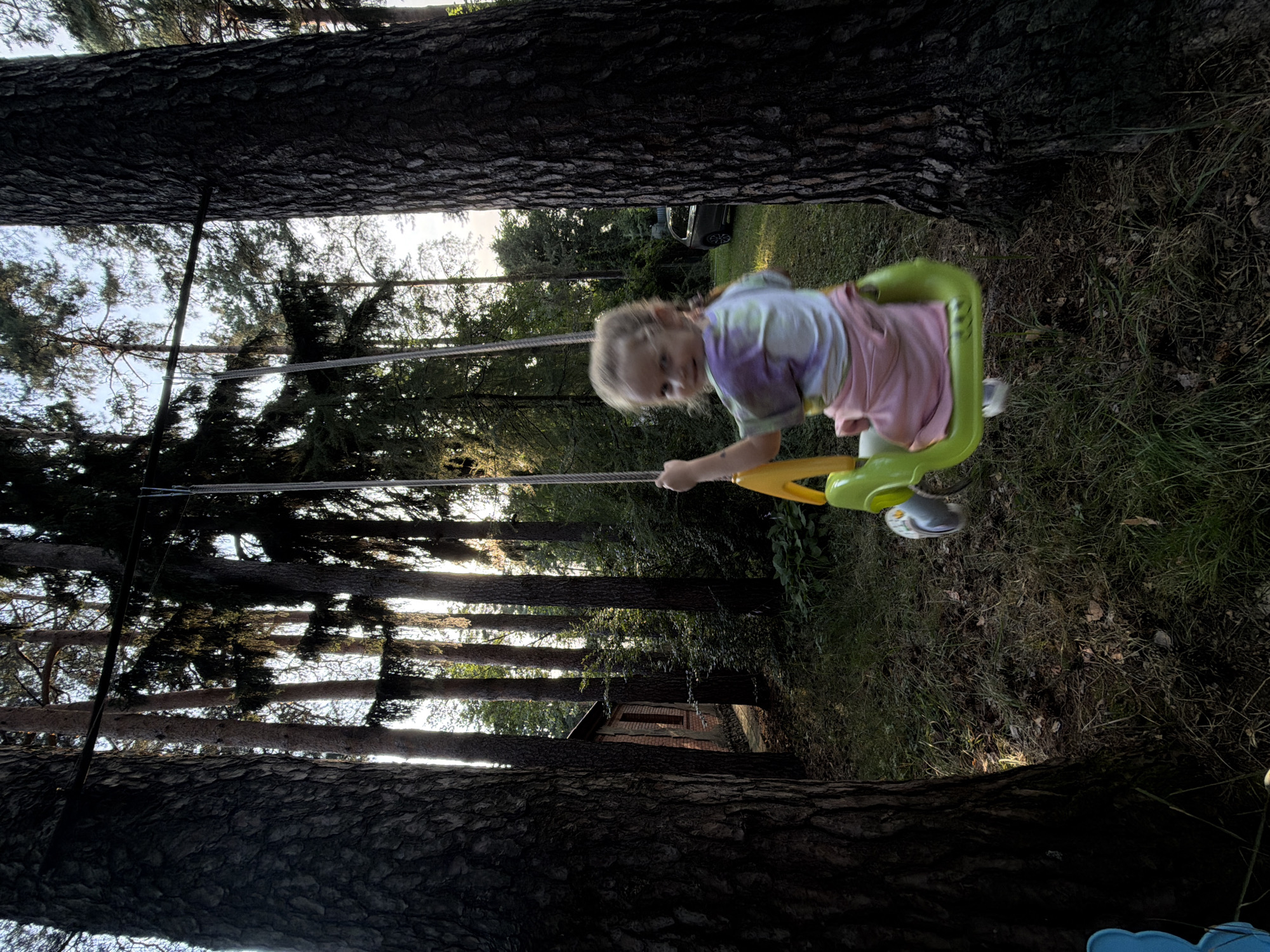 A young child is swinging on a bright green and yellow swing set in a wooded backyard. The child, who appears to be a toddler, is wearing a tie-dye t-shirt and a pink skirt. Their face is blurred due to motion, but they seem to be looking forward and enjoying the swing. The swing set is suspended between two large trees with rough bark. In the background, more trees and greenery are visible, along with a small brick building with a window. The sun is low in the sky, casting long shadows and creating a warm, late afternoon atmosphere. The overall scene suggests a playful and peaceful moment in a natural setting. The location is Udelnaya, Russia. No visible text.
