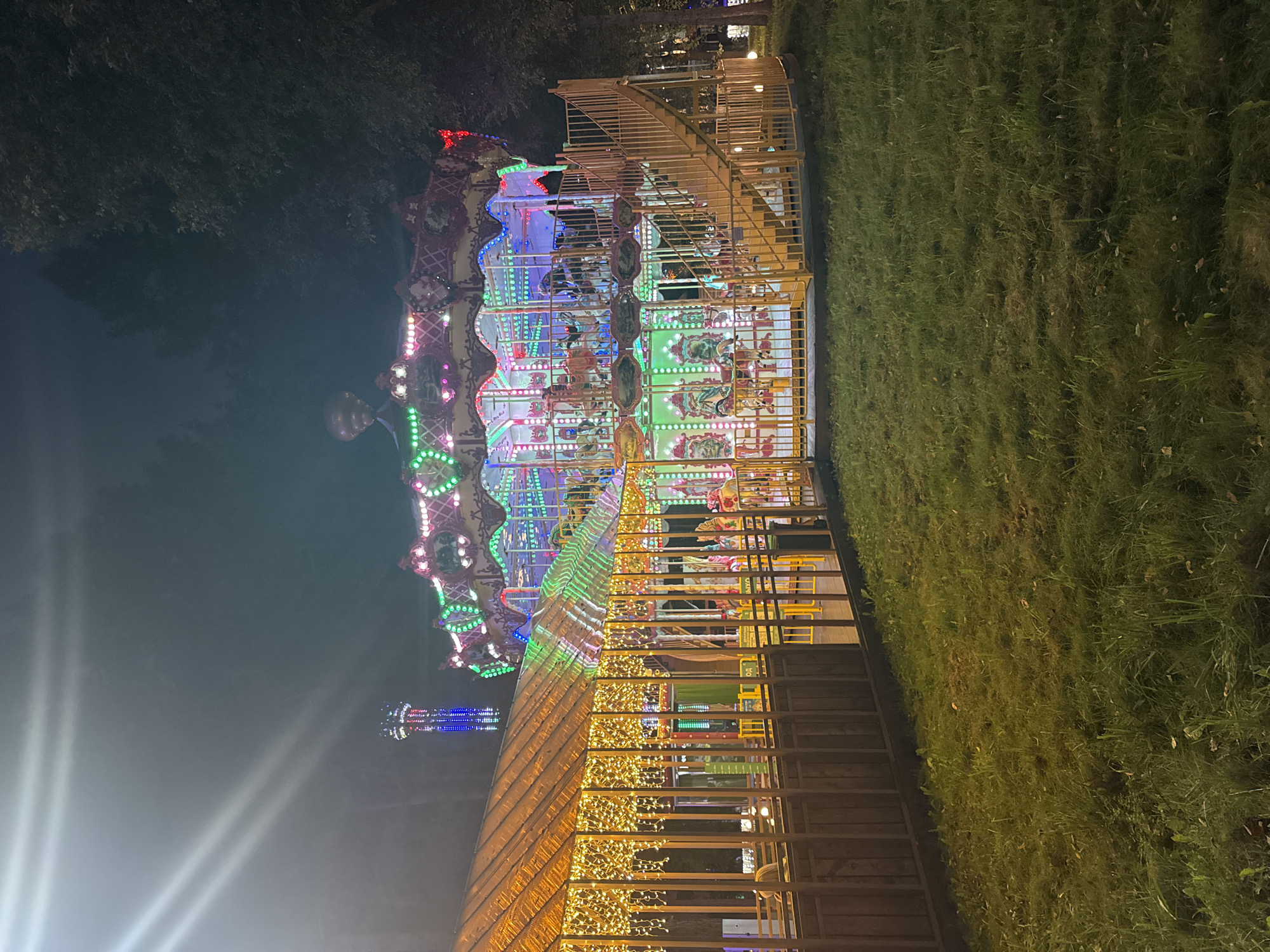 This image captures a brightly lit carousel at night, situated in what appears to be an amusement park or fairground. The carousel is adorned with numerous colorful lights, primarily green, pink, and blue, illuminating its ornate design and the horses or figures it carries. A covered walkway or structure with warm yellow string lights runs along the left side of the carousel. In the background, a tall, slender amusement ride with colorful lights is visible against the dark night sky, along with the silhouettes of trees. The ground in front of the carousel is covered in grass, which is uneven and somewhat overgrown. The overall scene suggests a festive and lively atmosphere, typical of an evening at an entertainment venue. The location is identified as the city of Perm, Russia. There are no discernible people clearly visible or engaged in specific actions within the frame of the carousel itself, though there might be indistinct figures under the covered walkway on the left. The lighting and dark sky indicate it is nighttime.