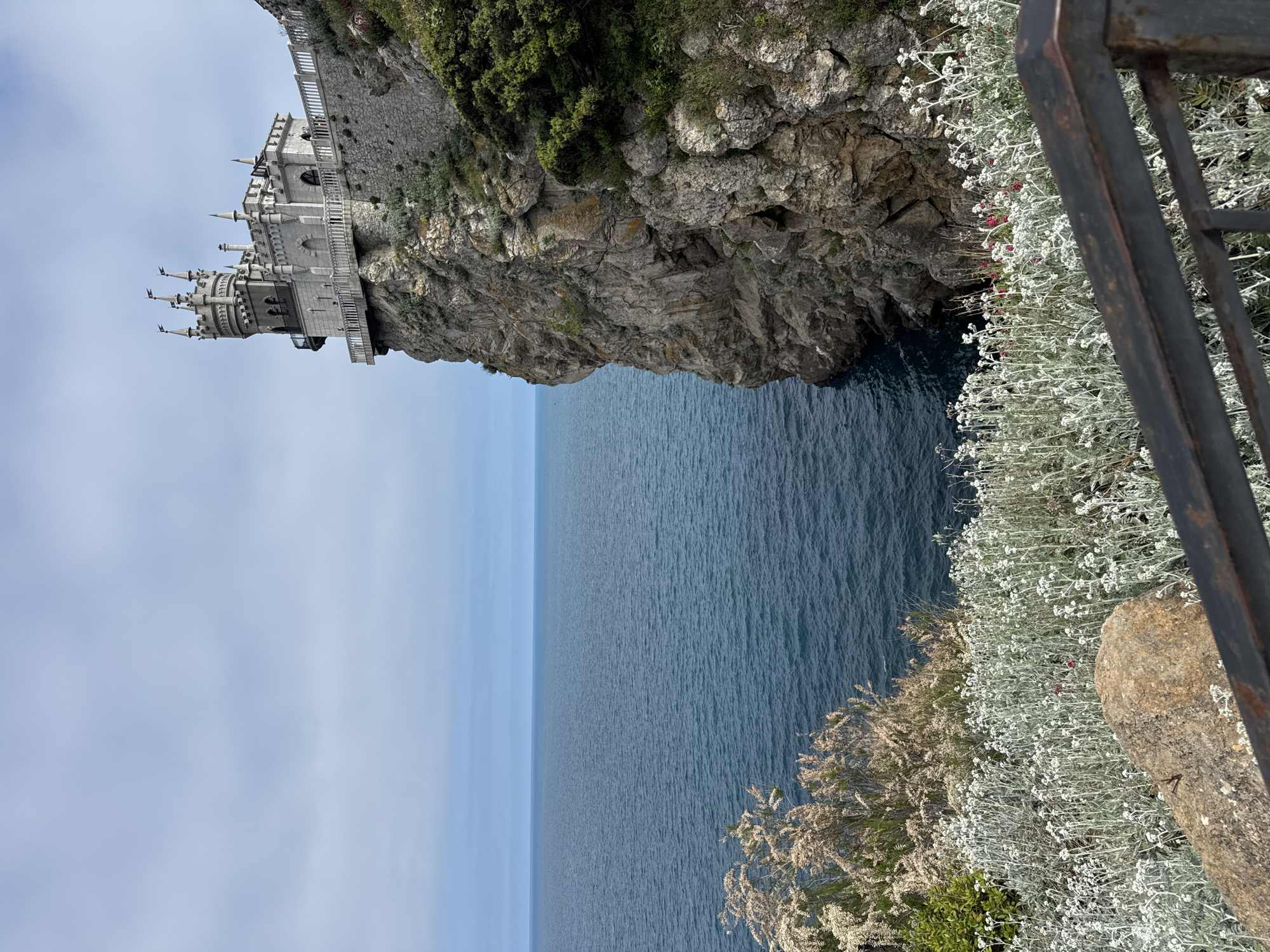 A low-angle shot displays the Swallow's Nest castle perched on a cliff overlooking the sea in Ливадийский поселковый совет, Ukraine. The gray castle juts out from the cliff face, which is covered in vegetation. The sea stretches to the horizon under a clear sky. A foreground section includes plant life and a portion of a metal railing.