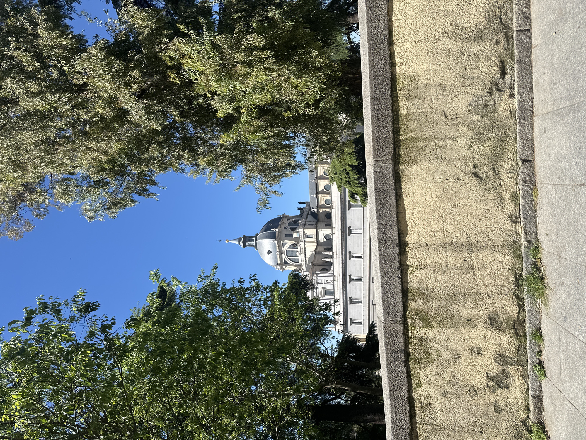 The image captures a vibrant, sunlit view of a grand architectural structure, likely the Almudena Cathedral in Madrid, Spain, partially framed by lush green trees. The cathedral, situated towards the left and center of the frame, exhibits a majestic grey dome topped with a cross, classical architectural details, multiple windows, and a facade constructed from white and grey stone.
The foreground and mid-ground are dominated by dense green foliage from various trees, which create a natural canopy and partially obscure the lower sections of the cathedral. Above the trees and behind the building, the sky is a brilliant, clear blue, suggesting a sunny day. Bright sunlight illuminates the scene, highlighting the textures of the building and the vibrant green of the leaves.
On the right side of the image, a textured, light yellow wall or building facade stands prominently, bordered by dark grey stone trim. This wall transitions into a paved grey surface, presumably a sidewalk or pathway, extending into the far right foreground.
No people or specific activities are visible, lending a serene and static quality to the scene. The overall impression is one of architectural grandeur harmoniously integrated with natural elements under a bright, clear sky. There is no visible text in the image.
