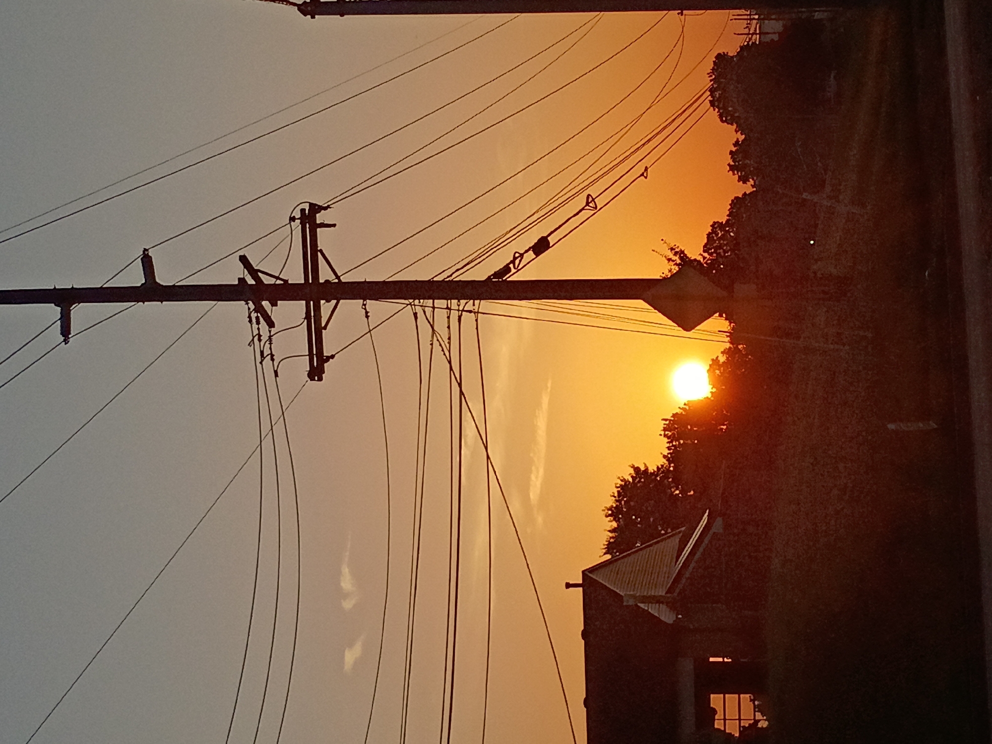 The image captures a sunset in a rural or suburban setting. The sun is low on the horizon, casting a warm, orange glow across the sky and silhouetting trees and structures. Power lines crisscross the frame, adding a sense of urban infrastructure to the natural beauty of the sunset.
The main subjects include utility poles with numerous wires, a portion of a building with a peaked roof, and the natural elements of trees and the sky. The sun itself is a prominent subject, with its bright orb partially obscured by foliage. The scene is dominated by the warm hues of the sunset, ranging from pale yellow to deep orange and red.
The activity taking place is passive; it's a moment of natural beauty as the day ends. The time of day is clearly sunset, indicated by the low angle of the sun and the dramatic lighting. The weather appears to be clear, allowing for an unobstructed view of the sunset, though some wispy clouds are visible in the sky.
Notable details include the intricate network of power lines and the silhouetted structure that appears to be a house or a small building, with a window visible. The overall emotion evoked is one of tranquility and the natural beauty of a day's end. There is no visible text in the image. The context provided indicates the location as Frankfort, United States of America.