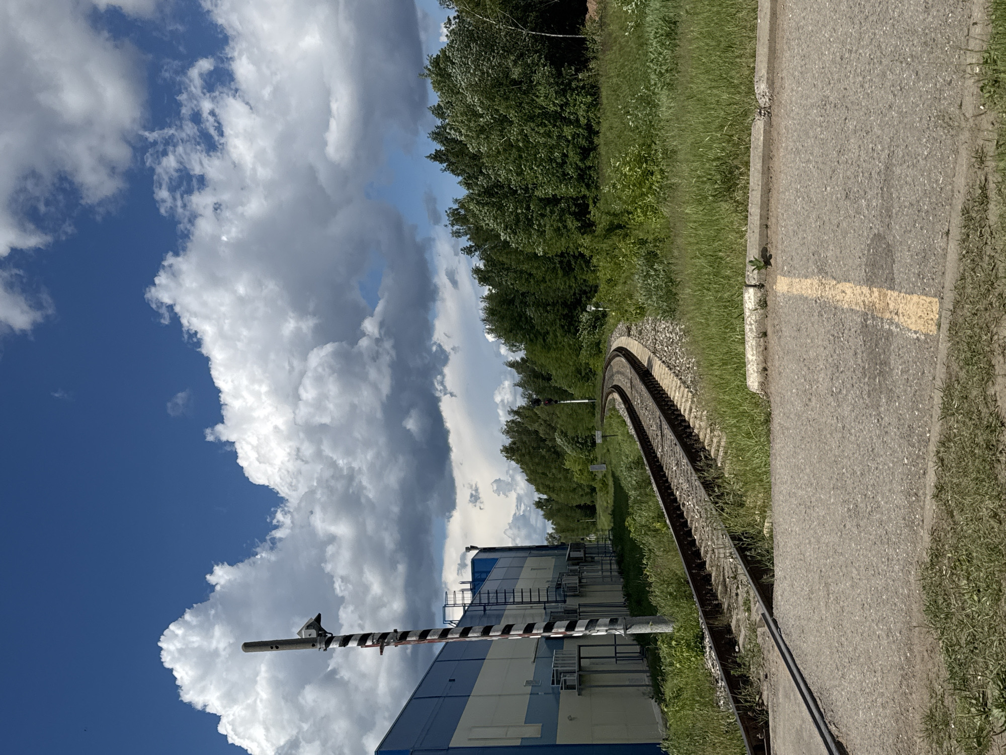 The image shows a railway track curving to the right alongside a paved road. The road has a yellow line marking. Adjacent to the road is a grassy area with trees. A blue and white building is visible, with a railway crossing barrier in front. The sky is blue with large cumulus clouds. Based on the context of being in Chaikovsky, Russia, the scene likely depicts a railway crossing near an industrial or transport area on the outskirts of the city. There are no people visible. The railway tracks are rusting and possibly unused.
