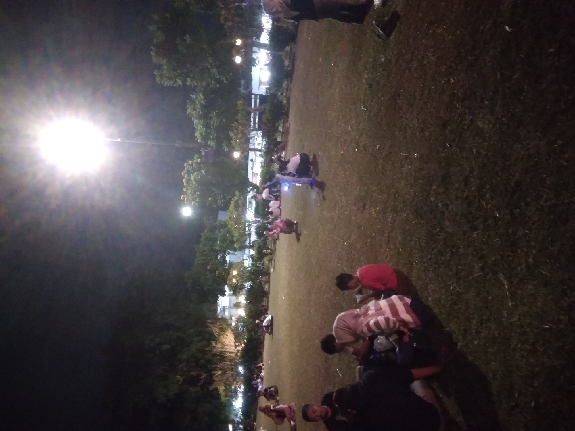The image captures a night scene at Alun-Alun Purwokerto, a public square in Purwokerto, Indonesia. A bright light source, likely a streetlamp, dominates the upper right portion of the frame, casting a strong glare and illuminating the surrounding area. Several groups of people are scattered across a grassy field, appearing to be relaxing or socializing. In the foreground, a group of individuals are seated on the grass. A man with dark hair is looking towards the camera, while next to him, a person in a striped shirt is interacting with a young boy in a red shirt. Further in the background, other groups are visible, some seated and some in motion. Trees and bushes form a backdrop to the scene, with lights visible behind them, suggesting the presence of buildings or further park installations. The overall impression is of a lively evening gathering in an open public space.