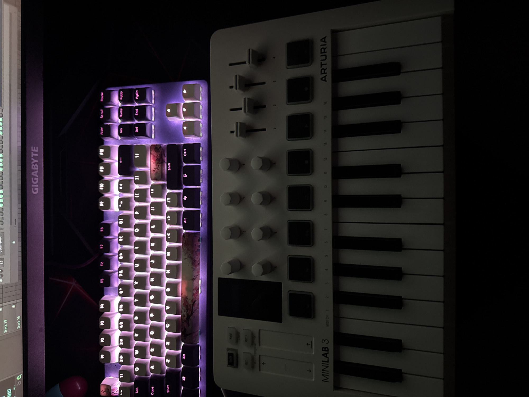 The media file presents a top-down view of a dimly lit desk setup, suggesting a creative or gaming workspace at night or in a dark room.
On the left, a monitor with a "GIGABYTE" logo on its bezel is partially visible, displaying the interface of a Digital Audio Workstation (DAW), likely FL Studio, indicated by the channel rack and mixer-like elements. Text such as "Track 19", "Track 20", and "MKIT" can be seen on the screen.
In the center, a mechanical keyboard with white keycaps emits a striking purple and pink backlight. Several keycaps feature custom artistic designs, most notably a cherry blossom tree on the spacebar and other long keys. Standard keyboard functions like "Print", "Scroll", "Pause", "Ins", "Home", "PgUp", "Del", "End", "PgDn", "F10", "F12", "Shift", "Ctrl", "Alt", "Tab", and "Caps" are legible on various keys.
To the right of the keyboard is a white Arturia MiniLab 3 MIDI controller. It features 25 keys (white and black), eight rotary knobs, four faders, eight performance pads, and navigation buttons. The "ARTURIA" and "MINILAB 3" branding are prominent, along with "MIDI CH 1" and controls labeled "Hold", "Oct-", and "Oct->". Numbers 1 through 16 are visible alongside the faders and pads.
The setup strongly implies activities related to music production or digital creative work. No specific location cues for Blagoevgrad, Bulgaria, are visible in the image itself.