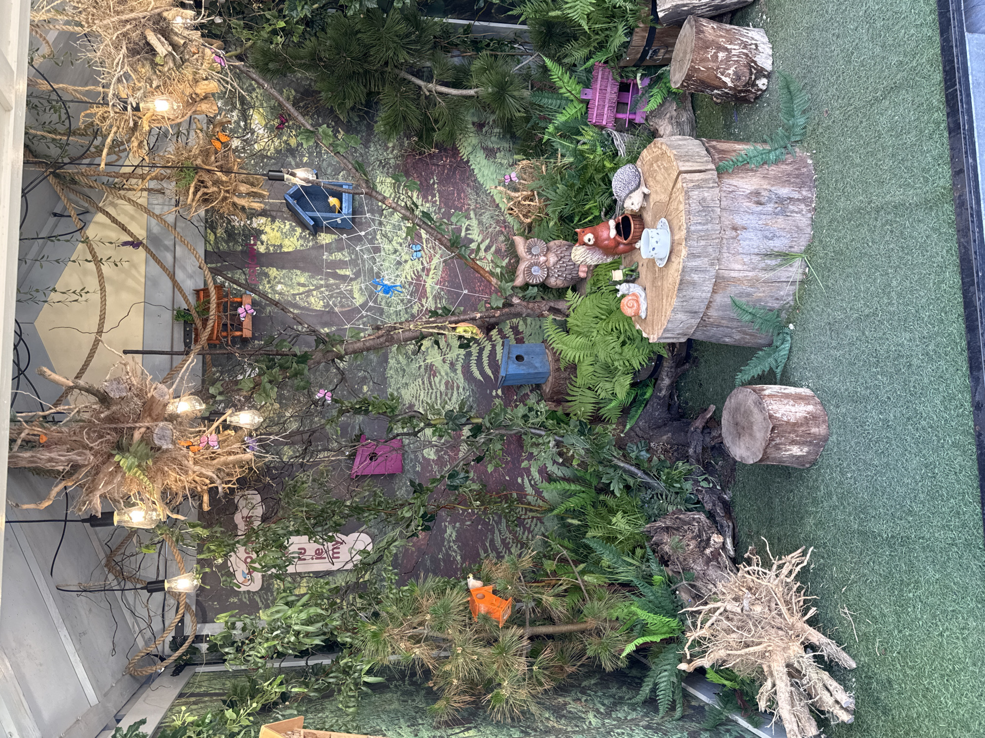 This is a static, enclosed display designed to simulate a woodland environment, located in the city of Wrocław, Poland. No people are present in the image.
The floor is covered with artificial green turf. In the lower-left, a large bundle of dried roots and branches rests on the turf. To the right, two cylindrical tree stump sections serve as seating. A larger, central tree stump functions as a table, upon which a small white teacup with a blue pattern and a saucer are positioned. Surrounding the teacup are several figurines: a grey snail, two small green human-like figures, a brown squirrel holding a miniature basket, and a grey hedgehog.
The midground is densely populated with artificial plants, including numerous ferns, several small conifer trees, and various leafy green bushes and vines. Embedded within this foliage are multiple smaller tree stumps, some serving as pedestals. Several decorative birdhouses are visible: an orange birdhouse is attached to a conifer tree on the left, a blue birdhouse with a yellow bird figurine inside rests on a stump in the center-right, another blue birdhouse is positioned on the ground-level in the mid-left, and a pink birdhouse is partially visible in the upper-right. A white, artificial spiderweb adorned with blue butterfly figurines is stretched between branches in the central area. Additional orange and purple butterfly figurines are distributed throughout the display. A rustic wooden owl figurine stands to the left of the main stump table, and a miniature pink picket fence with a small chair is situated behind the animal figurines. The backdrop is a large-format image or painting depicting a dense forest with ferns and trees, extending the illusion of depth. A partially obscured white sign with green text is visible through the foliage on the left.
The upper section of the display features a white ceiling structure with visible beams. Multiple Edison-style light bulbs with exposed filaments hang from black electrical cords. Thick, natural fiber ropes are draped and interwoven among artificial branches and roots across the ceiling area. Large, irregular clusters of dried roots and branches hang from the ceiling, one cluster integrating several light bulbs.