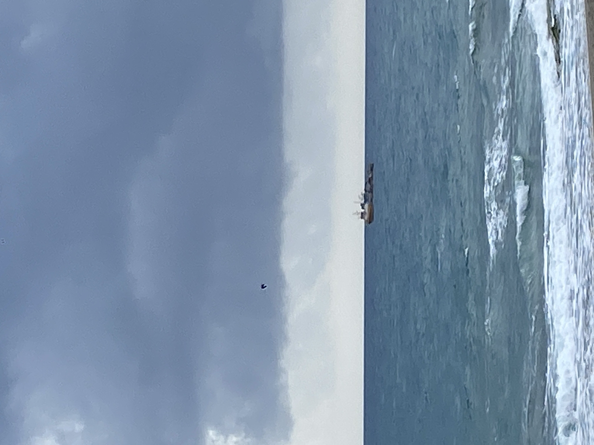 The image depicts a coastal scene in Alanya, Turkey. A ship is visible on the water, and the shoreline exhibits waves breaking on the beach. In the sky, there is a dark object, potentially a drone or a bird, hovering. The overall environment is characterized by a cloudy sky, contributing to the scene's ambiance.