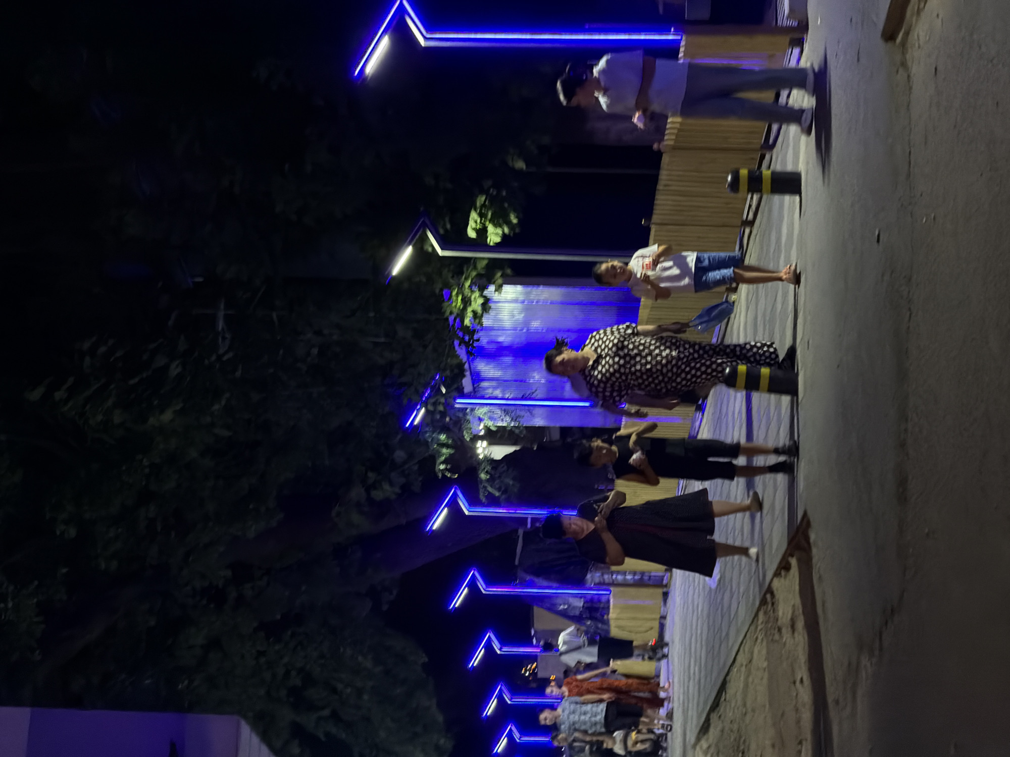 The image depicts a nighttime scene along a paved walkway in the city of Chirchik, Uzbekistan. The walkway is illuminated by a series of modern, angular blue LED streetlights. A group of people are walking along the path. In the foreground, a woman in a dark patterned dress is looking at her phone, accompanied by a young boy in a black t-shirt and shorts. To the right, a woman in a white shirt and grey pants is walking. Further back, a woman in a dark dress with a patterned overlay and a young boy in a white t-shirt and blue shorts are visible. In the mid-ground, a couple walks together, the woman in a reddish-orange jumpsuit and the man in a patterned short-sleeved shirt and dark shorts. To the far left, a person in a light-colored shirt and dark shorts is seen. The background features trees with foliage and a wooden fence. The ground is a mix of paved tiles and what appears to be sand or dirt. The overall atmosphere is that of a public area at night with a modern lighting design.