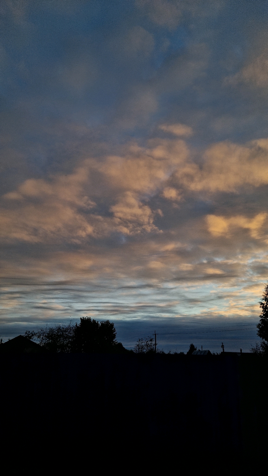 The image depicts a dusk sky with wispy clouds, some illuminated by a warm, peachy light, suggesting a sunset or sunrise. Below the sky, a dark silhouette of trees, buildings, and a utility pole is visible against the horizon. The foreground is a solid black mass, indicating it is either unlit or underexposed. The scene appears to be set in an area with scattered housing and vegetation, consistent with a rural or suburban environment like Vysokoe, Russia. There are no people or visible actions taking place.