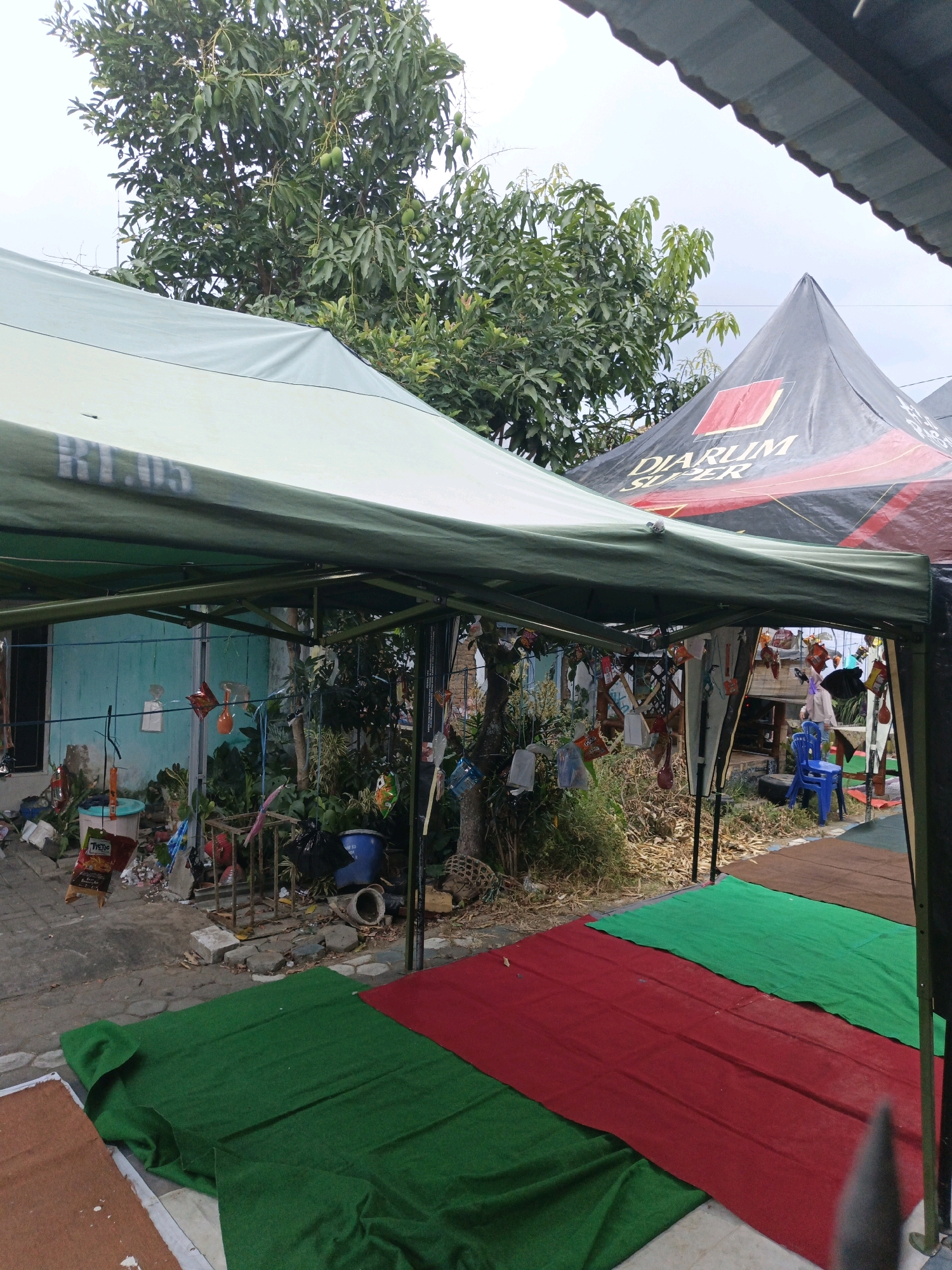 The image captures an outdoor scene in Karangploso, Indonesia, dominated by two large tents. The tent in the foreground is green and partially covers the view of the environment behind it. The tent in the background is black and red, with the "DIARUM SUPER" logo visible on its side. Various items are hanging from the supports of the foreground tent, including what appear to be small decorative objects or snacks. In the middle ground, a light blue wall is visible, along with a collection of plants and debris. Several colorful plastic objects are also seen, including what appear to be wind chimes or small kites. A blue plastic chair is present near the background tent. In the foreground, colorful carpets – green and red – are laid out on the ground, along with a brown carpet. Trees with visible fruit, possibly mangoes, are in the background behind the tents. The ground is paved in some areas and covered with dry vegetation and leaves in others. The sky is overcast.