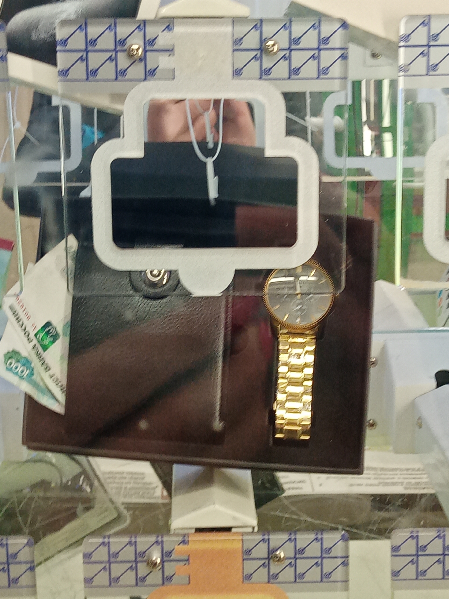 The image shows a claw crane prize display in Elektrostal, Russia. Inside, a dark brown wallet lies next to a gold-colored wristwatch on a display platform. Beside the wallet is a Russian 1000 ruble banknote. The machine is constructed of clear plastic panels held together with white frame pieces and small brass screws. Decorative blue and white squares are printed on the panels. Reflections in the glass obscure the background and potentially a person taking the photo.