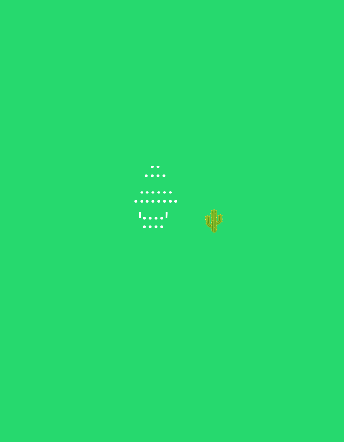 A yellow cactus icon is positioned on the right side of a bright green background. To the left of the cactus, there is a white dotted pattern resembling a stylized cactus, and below that, the text "....'!" is rendered in white dot characters.
