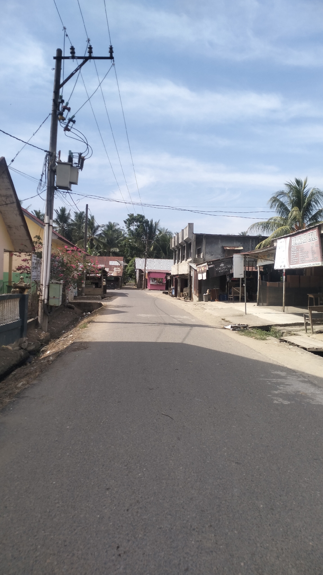 The image shows a straight, paved road in Meunasahkrueng, Indonesia, lined with buildings and palm trees under a partly cloudy sky. On the left side of the road, there is a house with a yellow facade and a fence. Further down the road on the left, there are more houses and a vibrant pink flowering bush. On the right side of the road, a series of shops and buildings are visible. One building has a prominent sign that reads "JERNAH CELL." Another sign displays "MAGNUM KRETEK." The street is empty of people, and the overall atmosphere suggests a quiet, rural or small-town setting. A utility pole with electrical transformers and wires is positioned on the left side of the road near the foreground. The road surface shows some wear and tear, and drainage ditches are visible along the sides. The sunlight casts shadows, indicating it is daytime.