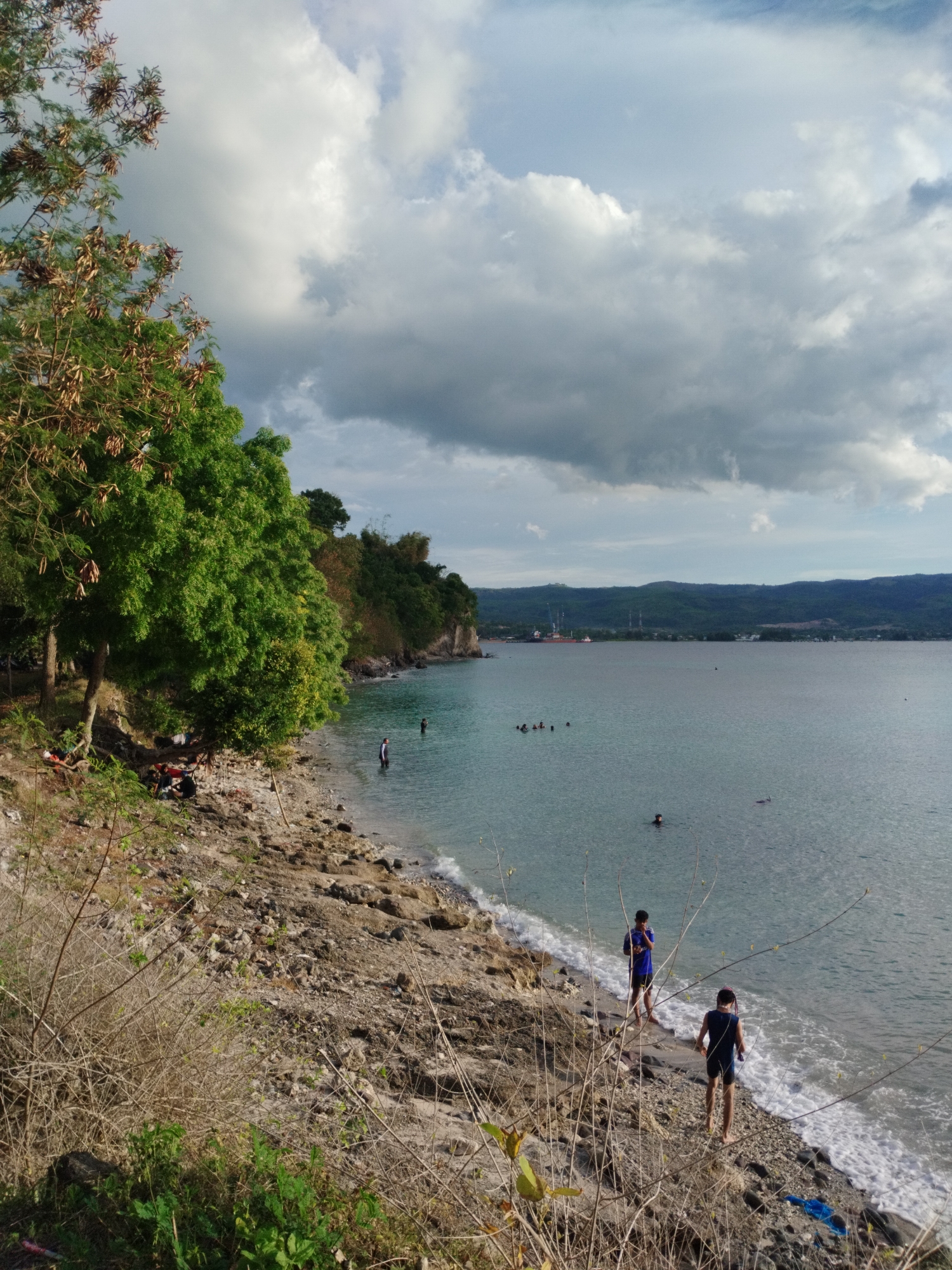 The scene is a coastal area in Lamreh, Indonesia, showing a rocky beach, ocean, and sky with clouds. Two boys stand near the water's edge, the closer one walking towards the water and the other standing still. Several people are swimming in the ocean. A tree with green and brown leaves is located on the left side of the frame. The foreground contains dry vegetation. In the distance, there is a coastline and land with visible industrial structures.