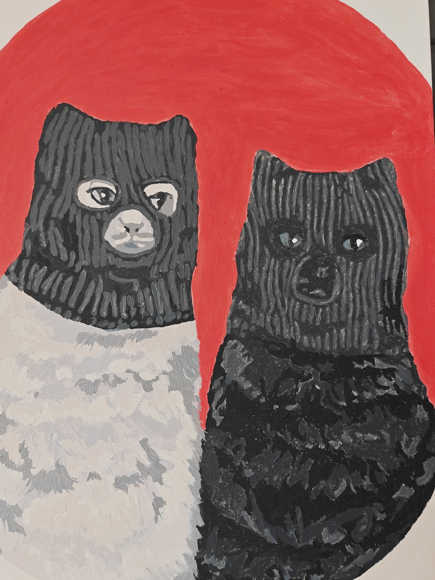 The image is a painting depicting two cats wearing balaclavas against a red circular background. The cat on the left is mostly white with grey and black markings on its face and wears a grey balaclava. The cat on the right is black with grey markings on its face and wears a black balaclava. The painting is in a stylized, somewhat abstract manner. There is no indication of the city of Koledino, Russia, within the image.