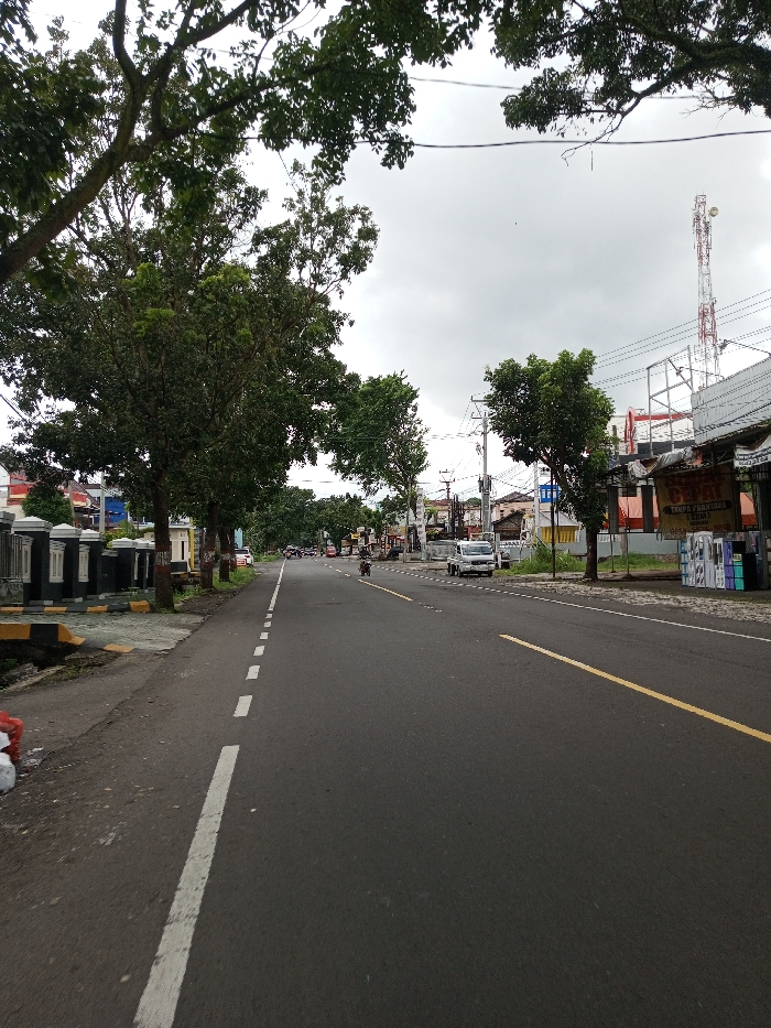 The image displays a two-lane asphalt road under an overcast sky, situated in Vaatharawattai, Sri Lanka. The road features a solid yellow line separating the lanes and dashed white lines marking the left lane boundary and a shoulder.
On the left side of the road, a concrete curb leads to a pedestrian area adorned with a series of black and white decorative pillars. Beyond these, a dense line of mature trees with green foliage partially obscures residential or commercial buildings. Further down the road, multiple vehicles, including cars and a motorcycle with a single visible rider, are moving away from the camera's perspective.
The right side of the road presents a dirt verge. A commercial building with a dark facade is visible, featuring a banner with text including "TANPA PANTANGAN" and various merchandise or displays outside. Behind this building, a large metal framework, possibly for a billboard, is present. A prominent red and white striped lattice communication tower with multiple antennas stands tall against the sky. Utility poles with a network of overhead wires run along this side of the road. A white pickup truck is parked or moving slowly on the right shoulder in the middle distance. The overall scene depicts a semi-urban environment with active traffic.