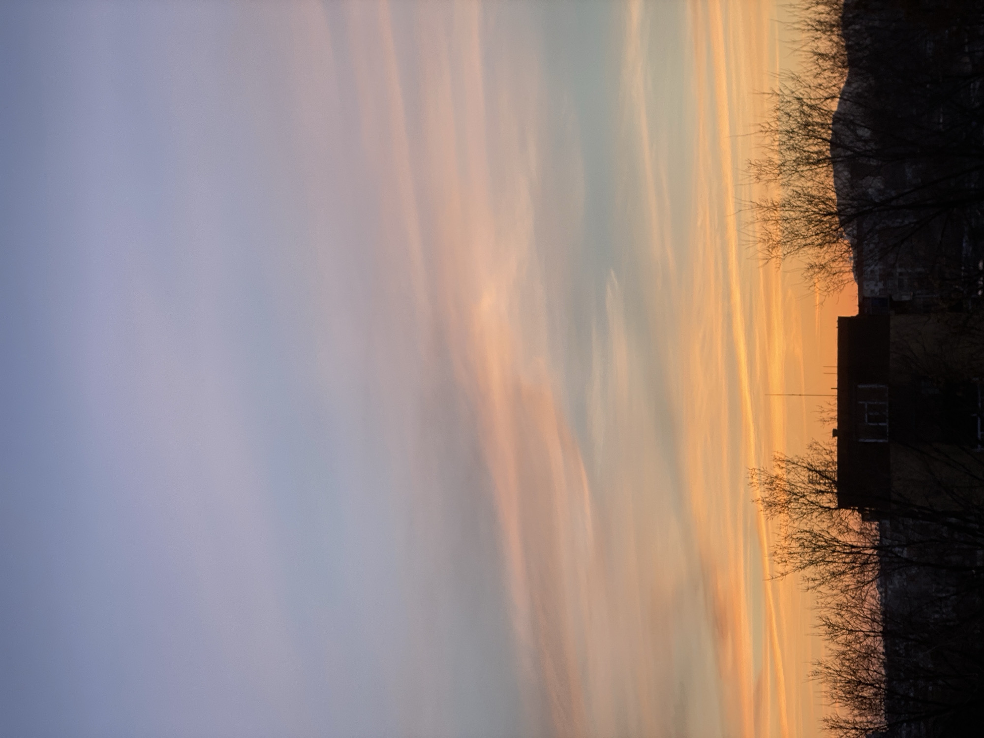 The image shows a sunset sky over what appears to be Zhongtun, China. The sky is a gradient, transitioning from blue on the left to orange and yellow on the right, with streaky clouds. On the right, silhouetted against the sky, are bare branches of trees and a dark, blocky building with a few visible windows. The scene suggests twilight or dawn. No people are visible.