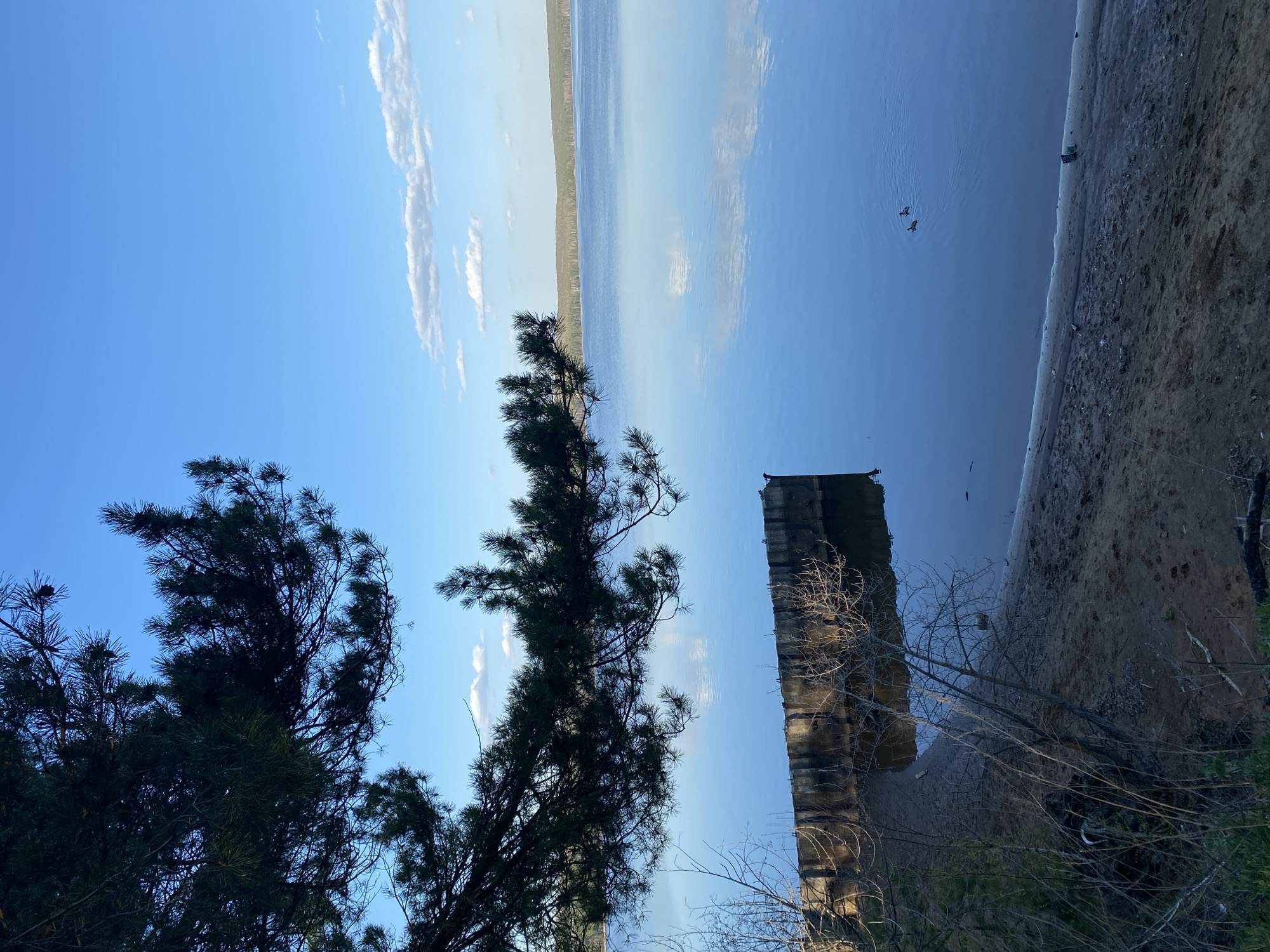 The image shows a body of water, likely the Kama River based on the location. On the left, there are trees with dark green foliage. The sky is blue with scattered white clouds. In the center of the image is a rectangular concrete structure extending into the water, which appears to be part of an old pier or breakwater. The shoreline to the right consists of sand and grass. Two birds are flying in the water near the shoreline. The image is taken in Chaikovsky, Russia.