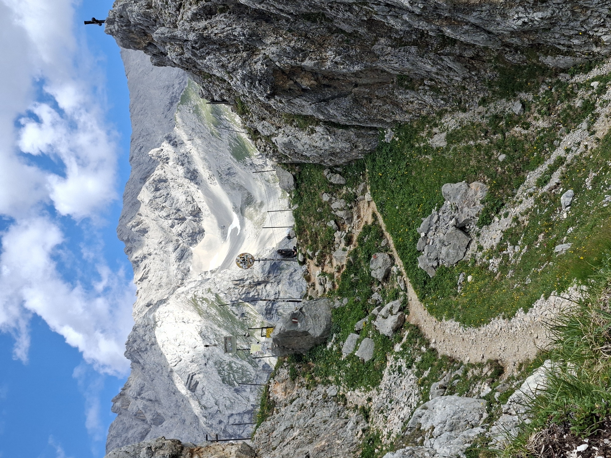 An outdoor, low-angle, full shot captures a rugged mountain path winding through a rocky, grassy mountainside. The path, composed of dirt and stones, curves from the bottom left towards the center, then veers right. The terrain is characterized by large, gray boulders scattered amongst patches of green grass and small yellow wildflowers. On the right, a steep, jagged rock face rises vertically, contrasting with the gentler slope on the left, which is also covered in rocks and sparse vegetation.
In the middle ground, several signs are mounted on posts along the path, indicating it is a hiking trail. A wire fence runs along parts of the path. A person, wearing a dark hooded jacket and sitting with their back to the camera, is visible near a circular sign with yellow and black markings. To the far right, on top of a rocky outcrop, stands a dark cross.
The background is dominated by a vast mountain range with majestic, light-colored peaks that appear weathered and imposing. Patches of snow or ice are visible on the higher slopes. The sky above is a vibrant blue, adorned with scattered white, fluffy clouds. The overall atmosphere is one of natural grandeur and an adventurous hiking environment. The location is identified as Wildermieming, Austria.