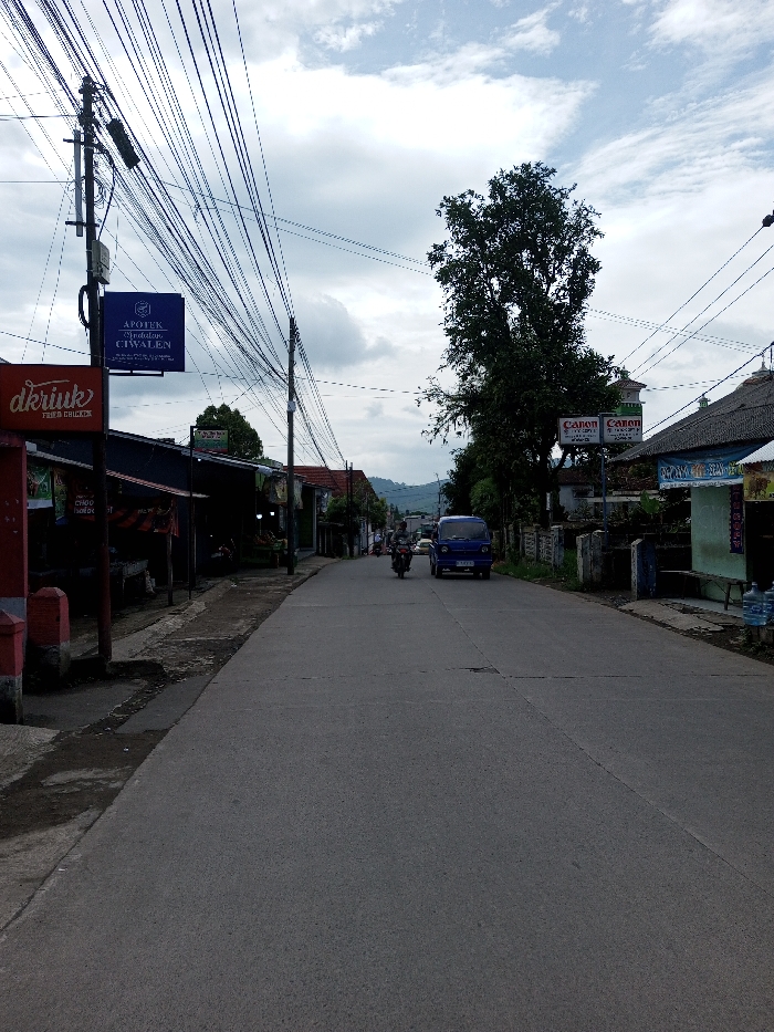 The scene depicts a street in the city of Ariyalai, Sri Lanka, under an overcast sky. A grey paved road extends from the foreground into the midground, flanked by buildings and structures.
On the left side, a black utility pole stands prominently, supporting a dense network of black electrical and communication wires that crisscross the upper frame. Attached to this pole are two rectangular signs: a blue one at the top reading "APOTEK CIPADATAN CIWALEN" with smaller text below stating "PERUMAHAN PONDOK CITRA ASRI BLOK H No 15 CIBALAGUNG BOGOR," and a red one below it advertising "dkriuk FRIED CHICKEN." Adjacent to the pole, several dark-colored storefronts or stalls line the street.
In the midground, a blue van, possibly a compact utility vehicle, is visible on the right side of the road, positioned towards the viewer's right. Behind the van, a lone motorcyclist wearing a helmet is riding towards the camera. On the right side of the road, a large tree with dark green foliage dominates the view, and further along, buildings feature signs displaying the "Canon" logo. Behind these buildings, a structure with a green dome or minaret-like roof is partially visible. Transparent water bottles are stacked on the sidewalk on the right.
Distant hills or mountains are discernible on the horizon in the background, beneath a sky with substantial cloud cover and lighter patches.