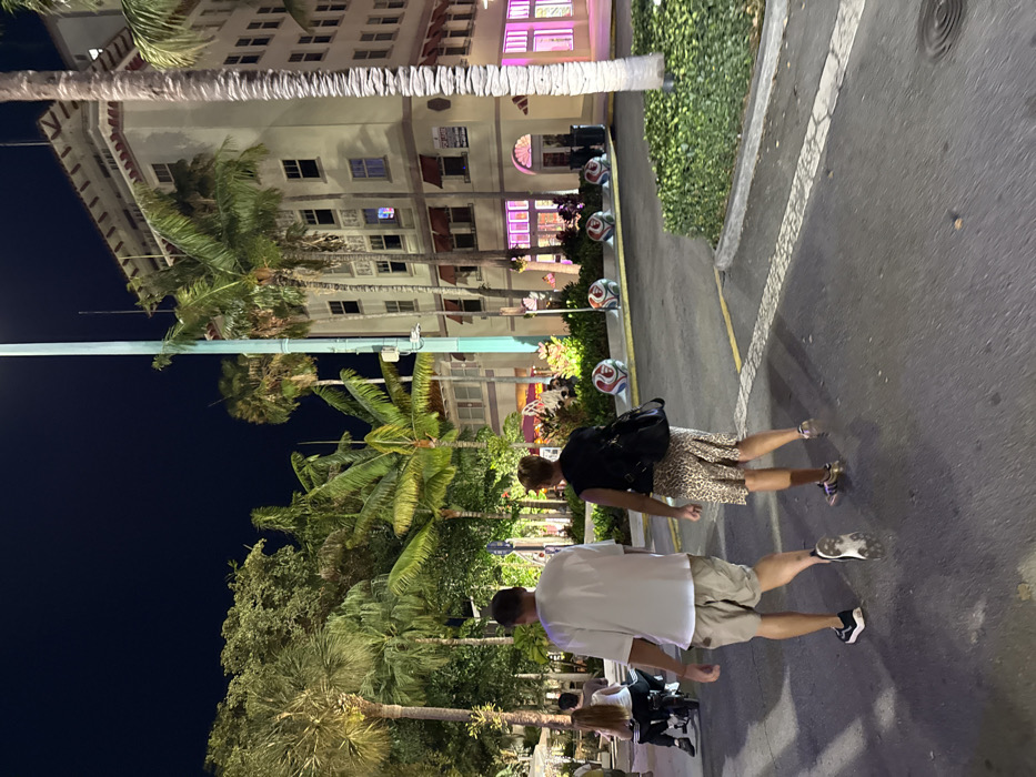 The image depicts an evening scene on Lincoln Road, Miami Beach, United States of America. Two individuals are walking away from the camera on a paved surface, likely a pedestrian street. The male on the left wears a white short-sleeved shirt, tan shorts, and dark sneakers. The female on the right wears a dark sleeveless top, a leopard-print pleated skirt, athletic shoes, and carries a dark shoulder bag on her left shoulder.
To the left, beyond the walking individuals, indistinct figures are visible near trees and what appears to be an outdoor dining area, with one individual on a small wheeled device. The background features a tall, light-colored multi-story building on the right, characteristic of historic architecture, with numerous windows and red awnings over ground-level windows. The building's ground floor storefronts exhibit prominent pink interior lighting. A tall, slender, light-blue street light pole stands prominently in the mid-ground.
Numerous palm trees and other green foliage are abundant throughout the scene, illuminated by artificial light sources. A row of five distinctive, large, spherical bollards or decorative objects, patterned with red and white swirling designs, lines the edge of a median or pedestrian zone in the mid-ground. A landscaped median with trimmed green bushes is visible on the far right. The ground surface features painted yellow and white lines. The sky is dark, indicating nighttime.