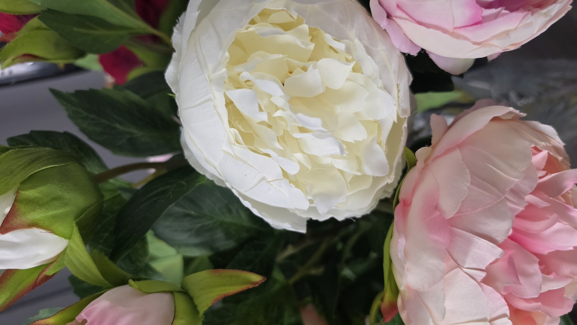 A close-up, eye-level, indoor shot showcases a bouquet of artificial peonies. The flowers are predominantly pink and white with hints of red on the unopened buds. The background is out of focus, with a dark gray and metallic sheen, suggesting it might be a countertop or a reflective surface in a domestic setting. No people are visible in the image. The scene is static and does not depict any action. The lighting is soft, illuminating the delicate textures of the flower petals. The specific location in Jūrmala, Latvia, cannot be determined from the visual information provided.