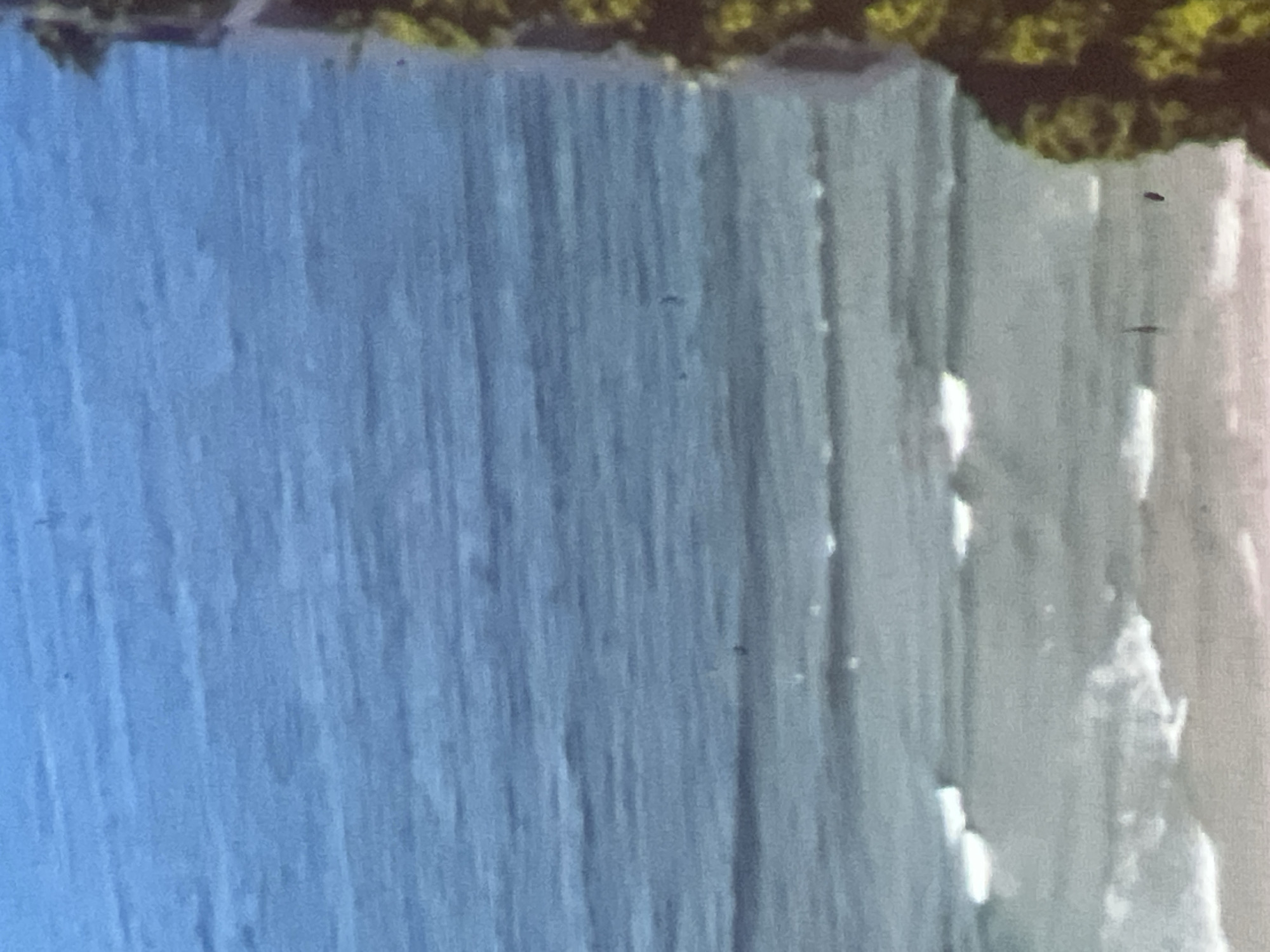 The image displays a waterfall in a natural environment, likely situated in Đà Nẵng, Vietnam. The main subject is the cascading water, rendered in varying shades of blue and grey, showing distinct vertical streaks indicating its downward flow. At the very top of the frame, dark green and brown foliage is visible, suggesting the verdant edge of a cliff or a densely vegetated landmass from which the waterfall originates.
Below the main drop, the water appears lighter and more turbulent, with frothy white patches that could be either the impact zone of the falling water or small waves on a larger body of water such as a river or the sea. The scene takes place during daylight hours, characterized by bright, even illumination suggesting clear weather. The image captures the dynamic movement of the water, creating a sense of natural power and serenity. There are no people, man-made objects, or visible text present in the photograph.