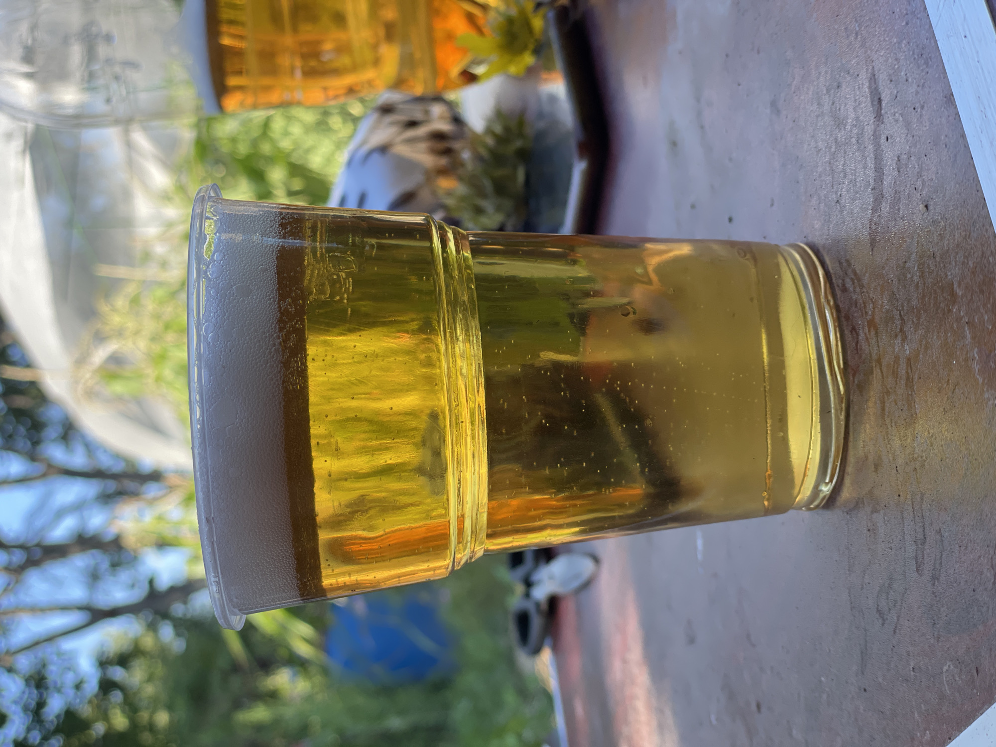 A close-up shot shows a clear plastic cup filled with a golden-colored beverage, likely beer, with a frothy head. Bubbles are visible within the liquid. The cup is placed on a textured surface, possibly a wooden table, which has a reddish-brown hue. In the background, out of focus, are hints of greenery, suggesting an outdoor setting, possibly a garden or park. There are also suggestions of other objects, including what appears to be another glass or bottle with a yellow liquid, and some white or light-colored forms. The lighting suggests it is daytime, with natural light illuminating the scene. The image is oriented sideways. No visible text is present. The context provided indicates the location is Aktau, Kazakhstan.