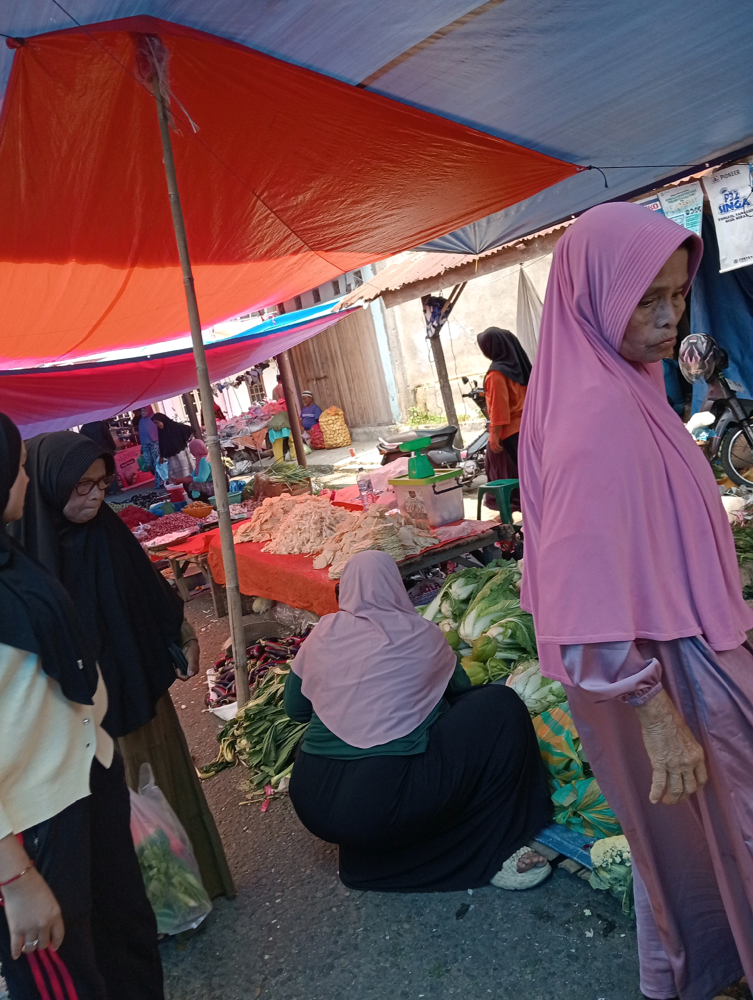 The image depicts a vibrant outdoor market scene in Pariaman, Indonesia. Several women are present, primarily wearing hijabs and modest clothing. In the foreground, a woman in a light yellow top and black pants is partially visible on the left, holding a clear plastic bag containing produce. To her right, another woman in a black hijab and glasses stands, facing towards the market stalls. In the center, a woman wearing a light purple hijab and black skirt is crouching, tending to vegetables. To the right, a woman in a pink hijab and a long pink dress stands, looking towards the market.
The market stalls are set up under a large awning with sections of orange and blue tarp. Various types of produce, including what appear to be cabbages, eggplants, and a large pile of light-colored, shredded material, are displayed on red tablecloths and wooden crates. A green weighing scale is visible on one of the stalls. In the background, there are other market-goers and stalls, a motorcycle, and buildings suggesting a bustling urban environment. The ground is paved with asphalt. The lighting suggests it is daytime, with some shadows indicating direct sunlight.