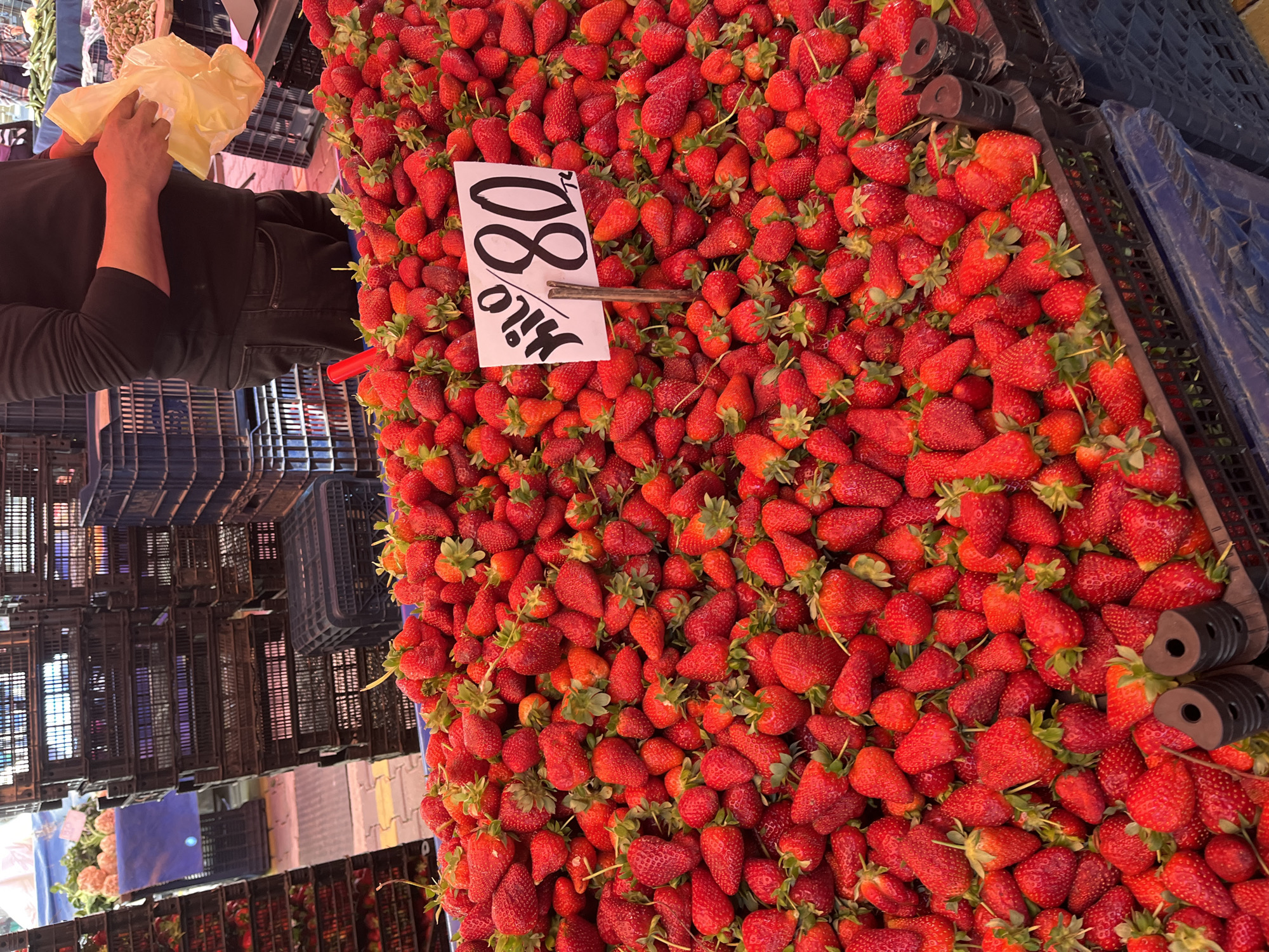 A high-angle shot displays a large quantity of fresh strawberries for sale at a market in Alanya, Turkey. The strawberries, vibrant red, are densely packed and take up most of the frame. A small white sign with "80 ₺ Kilo" (80 Turkish Lira per Kilo) is prominently placed among the strawberries. To the left, a man wearing a dark shirt and jeans is partly visible, holding a yellow plastic bag. Stacks of black and blue plastic crates line the left edge of the image, creating a background of organized storage.