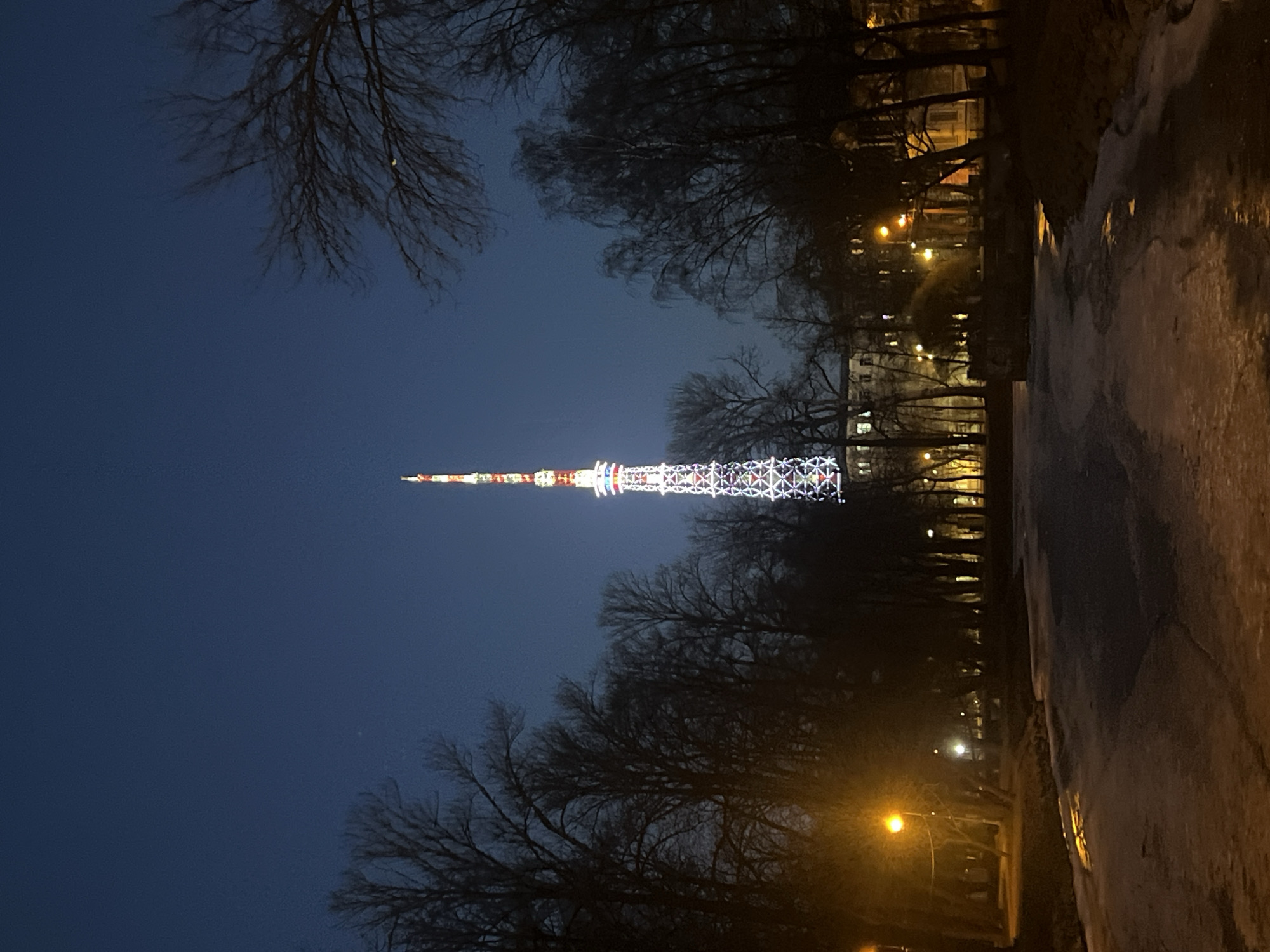The image depicts the Saint Petersburg TV Tower, located on Aptekarsky Island in Saint Petersburg, Russia, at night. The tower, a tall lattice structure, is centrally framed and brightly illuminated with white lights on its lower sections and multi-colored segments (red, green, blue, yellow) on its upper spire. The sky above is a dark, deep blue.
In the foreground, a body of water, partially covered with ice, extends across the lower portion of the frame, reflecting ambient light. The banks of this water feature are lined with numerous bare deciduous trees, indicating a cold season. Behind these trees, particularly on the right and left sides of the tower, park lighting or streetlights cast warm yellow and orange glows, illuminating parts of the foliage and ground. Distant building silhouettes are faintly discernible through the trees, particularly to the left of the tower's base. No individuals, vehicles, or specific activities are visible within the scene.