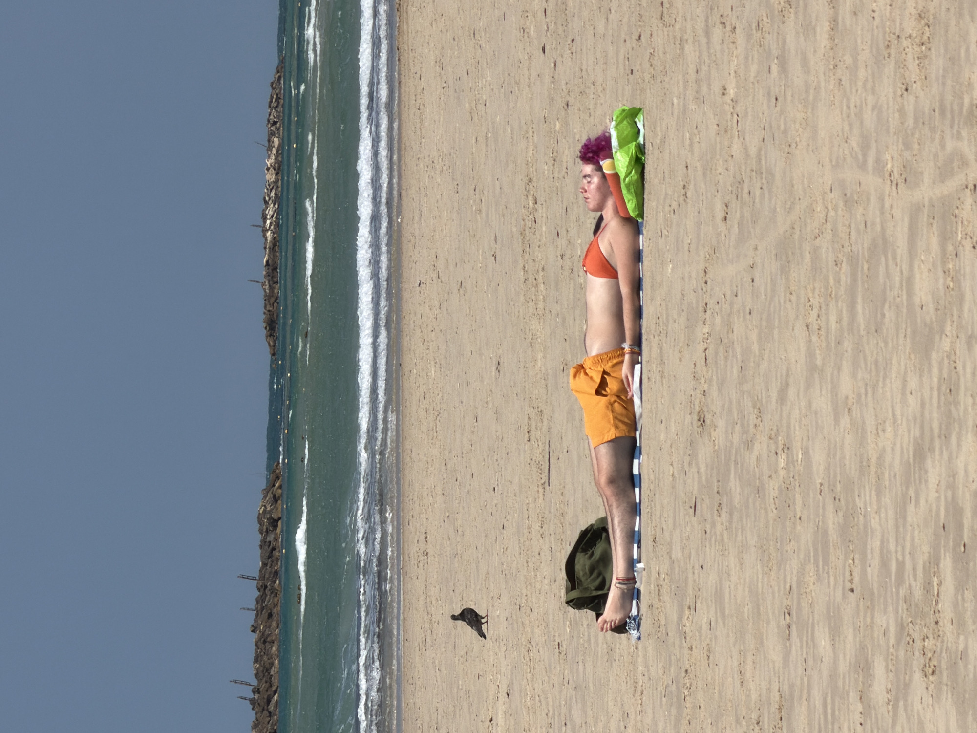 A person is lying prone on a towel on a beach. The individual has purple hair, wears an orange bikini top and orange shorts. A green object is positioned behind the person's head. A dark green bag lies near their feet. A bird stands on the sand near the ocean. The beach borders the ocean on one side and the sky on the other. In the sea, a barrier of rocks is visible. The scene is located in Tel-Aviv, Israel.