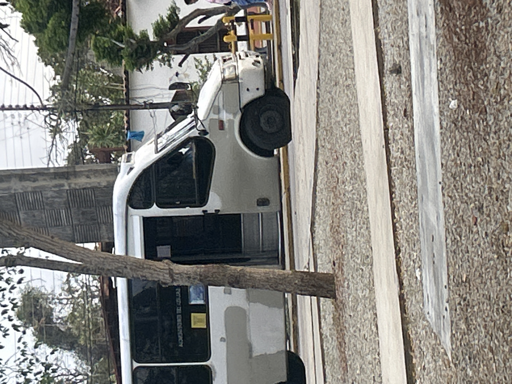 The image shows a white minibus with its doors open, parked on a street. The minibus appears to be a model from the early 2000s, with a light gray lower body and tinted windows. There are some indistinct markings on the side windows, possibly labels or advertisements. A tree with a rough bark trunk is positioned in the foreground, partially obscuring the side of the minibus. The ground in front of the minibus is covered with gravel and concrete walkways. In the background, there is a white building with a tiled roof, and power lines are visible overhead. To the right of the minibus, a person wearing a pink shirt and blue jeans is partially visible, standing near a yellow barrier. The scene appears to be in an urban or suburban setting in Santa Ana, Venezuela.