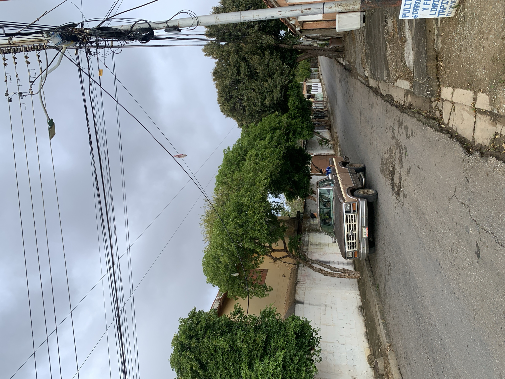 The image captures a view of a residential street in La Tagua, Venezuela, on an overcast day. A narrow, asphalt road, exhibiting cracks and wear, stretches into the distance, bordered by concrete curbs and sidewalks. Lush green trees with dense foliage line sections of the street, some overhanging the road.
A brown and beige vintage-style pickup truck is parked on the right side of the street, facing away from the viewer. A person is partially visible in the driver's side window. The truck features a chrome grille and what appears to be a license plate reading "A1BC7M".
Overhead, a complex and dense network of electrical and communication wires spans across utility poles, particularly concentrated in the upper left quadrant of the frame. A utility box is discernible amidst the tangle of cables, and a small light fixture hangs from one of the lines. Several small, light-colored objects are seen dangling from different wires further down the street.
On the right side, a blue and white sign is attached to a pole or wall. Visible Spanish text on the sign includes "PULITO CARRO Y FE LIMPIA TAPIC." (likely an abbreviation for "Pulido de Carros y Limpieza de Tapicería," meaning car polishing and upholstery cleaning) followed by "TLE" and what appears to be a phone number. The sky is uniformly gray and cloudy, indicating an overcast daytime. The scene conveys the character of a lived-in, somewhat rugged urban or suburban environment.