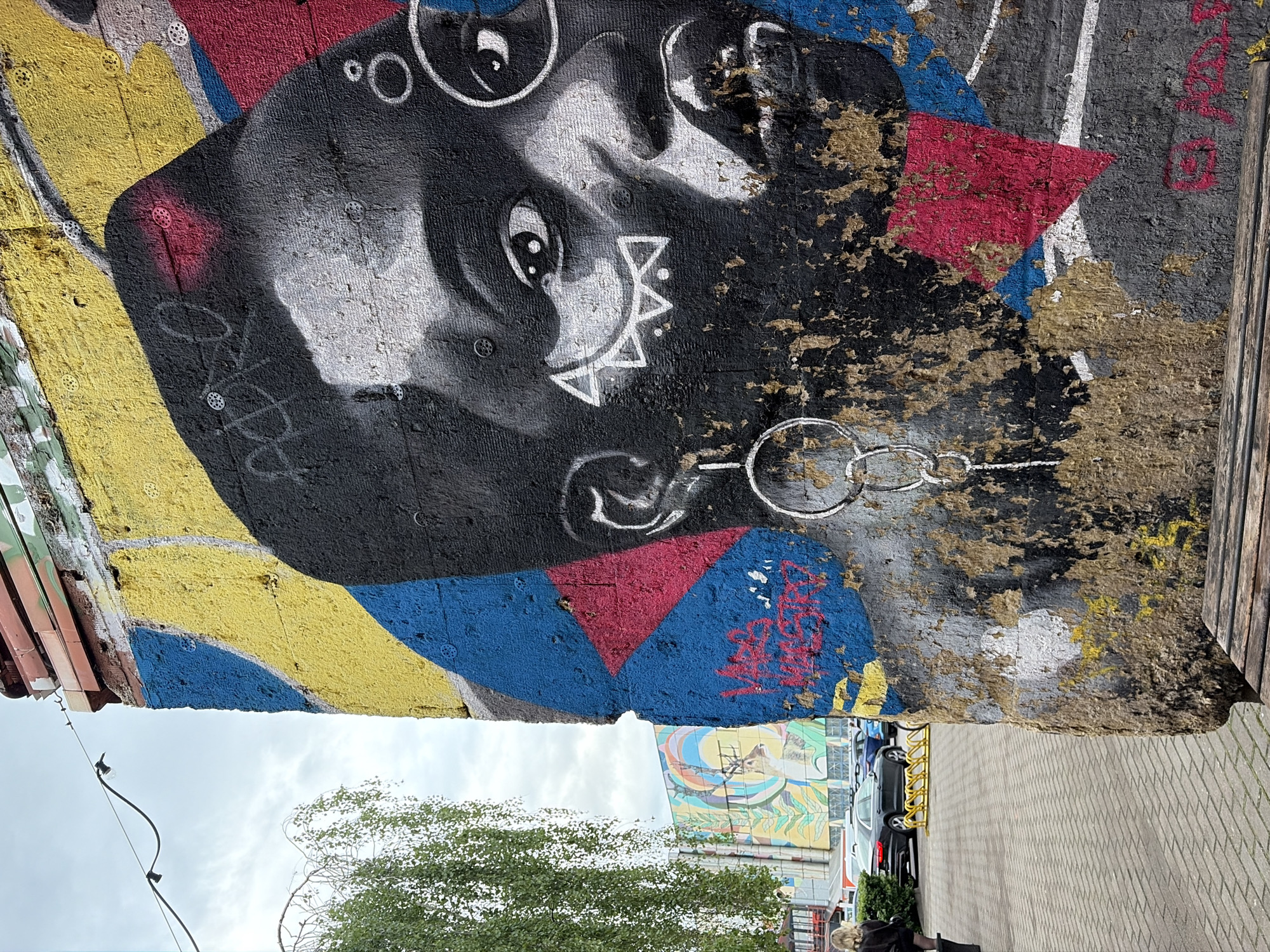 A street scene features a large mural painted on a concrete structure. The mural depicts a stylized face in black, white, and silver against a background of yellow, blue, and red geometric shapes. The face has exaggerated features such as large eyes, a triangular design around the mouth, and a chain earring. The paint is worn and peeling in places. Below the mural, there is a sidewalk paved with gray bricks. Several parked cars are visible in the background, along with a building featuring another mural. In the foreground, there is a tree with green leaves. An overhead wire with insulators runs above the tree. A person is visible on the right side of the image, wearing a black shirt. The sky is overcast.