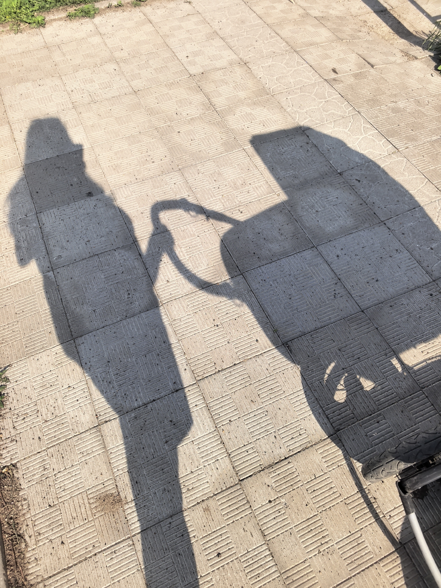 The image shows a shadow cast on a tiled surface. The shadow appears to be of a person pushing a stroller or cart. A wheel of the stroller is visible in the lower right corner of the image. The tiled surface is composed of light-colored, square tiles arranged in a grid pattern. Some grass and dirt are visible along the left edge of the tiles. The location is presumed to be Фролы, Russia, although this is based on metadata and not explicitly visible in the image.
