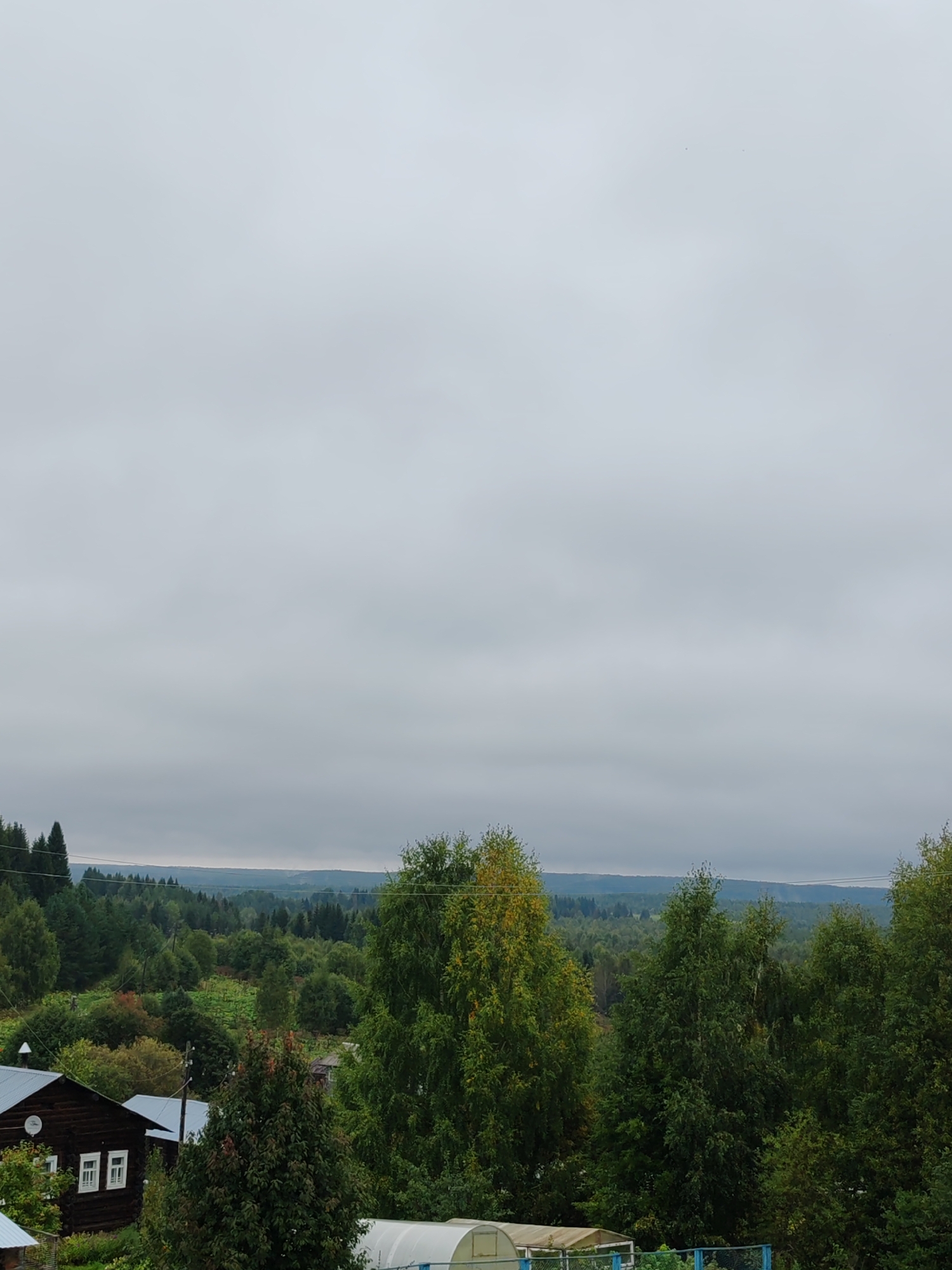 The image depicts a cloudy, overcast day with a wide view of a rural landscape. In the foreground, on the left, is a dark wooden house with white-trimmed windows. Adjacent to the house, parts of a greenhouse structure are visible. A dense forest, with a mix of evergreen and deciduous trees exhibiting some fall colors, dominates the middle ground and extends into the background, forming rolling hills. The horizon is marked by a hazy line of further wooded hills under a uniform gray sky. The scene suggests a peaceful, possibly remote, village setting in Чухлэм, Russia, characterized by natural beauty and simple architecture. There are no people visible in the image.