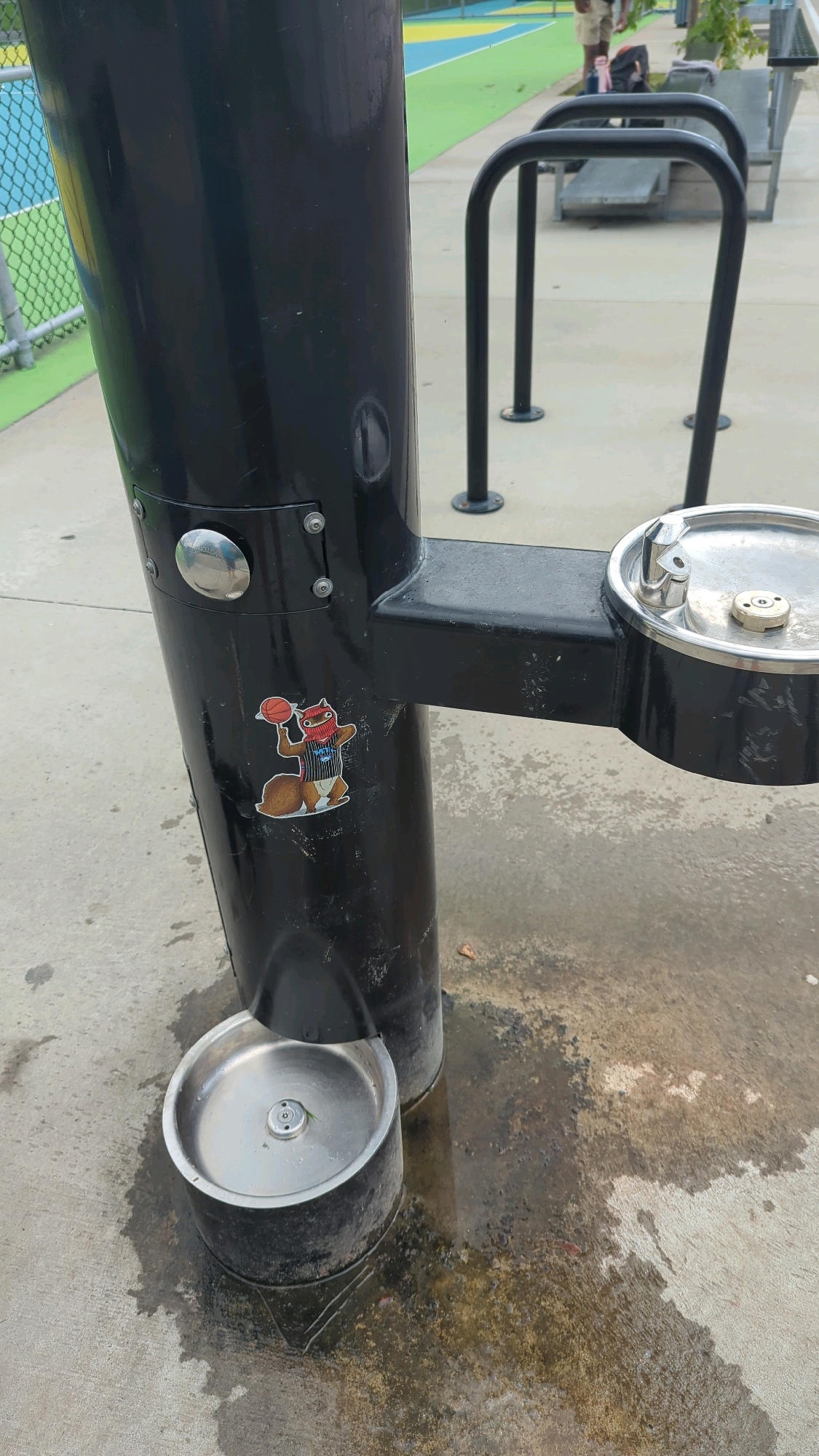 This image shows a black drinking fountain with a metal basin at its base. A sticker of a cartoon squirrel wearing a basketball jersey and a red beanie is affixed to the fountain's main column. The fountain is situated on a concrete surface that is wet and appears to be a public area, possibly a park or recreational facility, given the presence of a colorful court in the background and bike racks nearby. There is a metal fence in the far left of the image. The scene does not provide any specific indicators of its location within the city of Montreal, Canada.