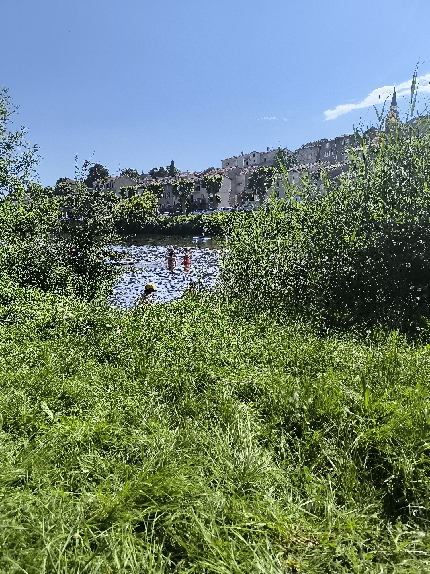 The image shows a scene in Chézenas, France, on a sunny day. In the foreground is lush green grass, obscuring the view of the water. In the water, there are several people. Some appear to be swimming, while others are standing and interacting in the water. One person is wearing a yellow hat. In the background, there are buildings of varying heights and architectural styles, lined up along a hill. Trees are interspersed among the buildings. Vegetation is present along the shoreline, separating the water from the built environment. A church steeple is visible to the right of the image.