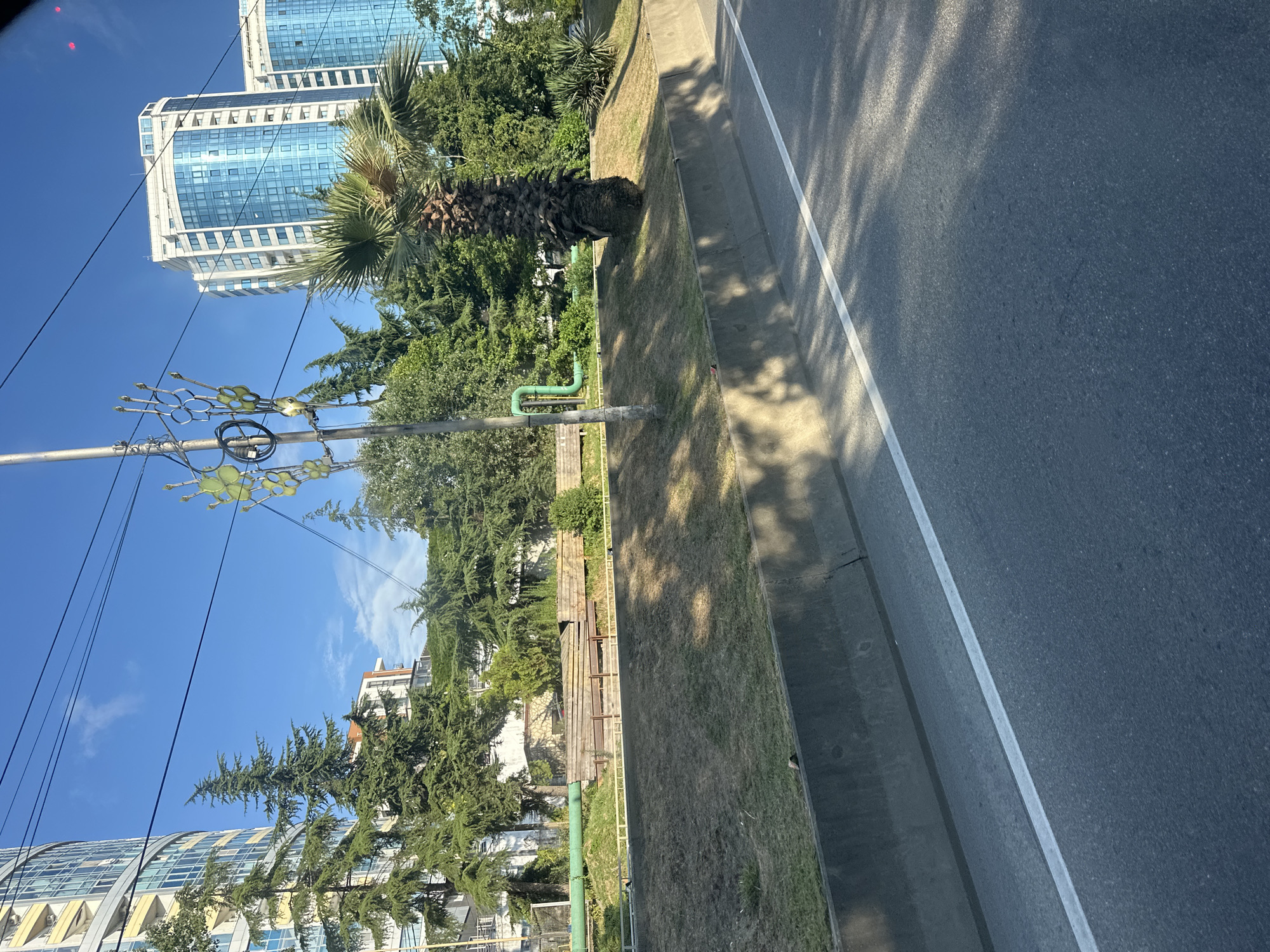 The image shows a street view in Sochi, Russia, on a clear day. In the foreground, there is a two-lane asphalt road with a white dividing line. A concrete barrier separates the road from a grassy embankment. Beyond the embankment, there is a park-like area with several trees, including evergreen conifers and a palm tree. A street light with decorative elements is visible. In the background, there are modern multi-story buildings with glass facades, characteristic of Sochi's coastal architecture. The sky is blue with a few scattered clouds. There are no people or vehicles visible in the image.