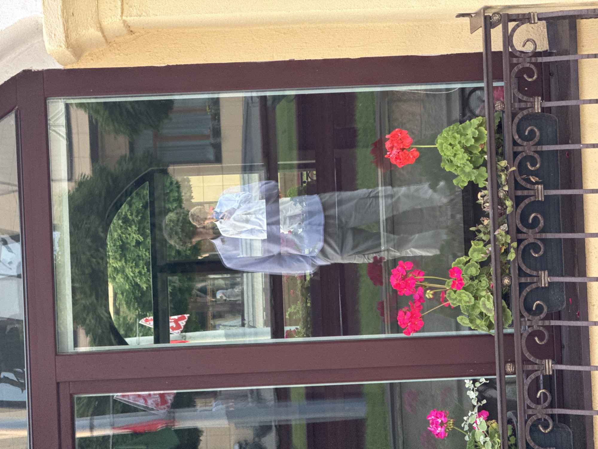 The image shows a reflection of a young man in a shop window. He is wearing a light blue shirt and gray pants, and is holding a smartphone in his hand, appearing to be taking a selfie. In the reflection, the man's hair is styled in a bushy, natural Afro. Behind him, the window reflects trees and buildings, suggesting an outdoor urban environment. Below the window, there is a decorative metal railing with planters containing vibrant pink and red geraniums. The architecture of the building is visible on the right side of the image, with a textured yellow facade and a dark red window frame. The scene is set in the city of Niasvizh, Belarus.